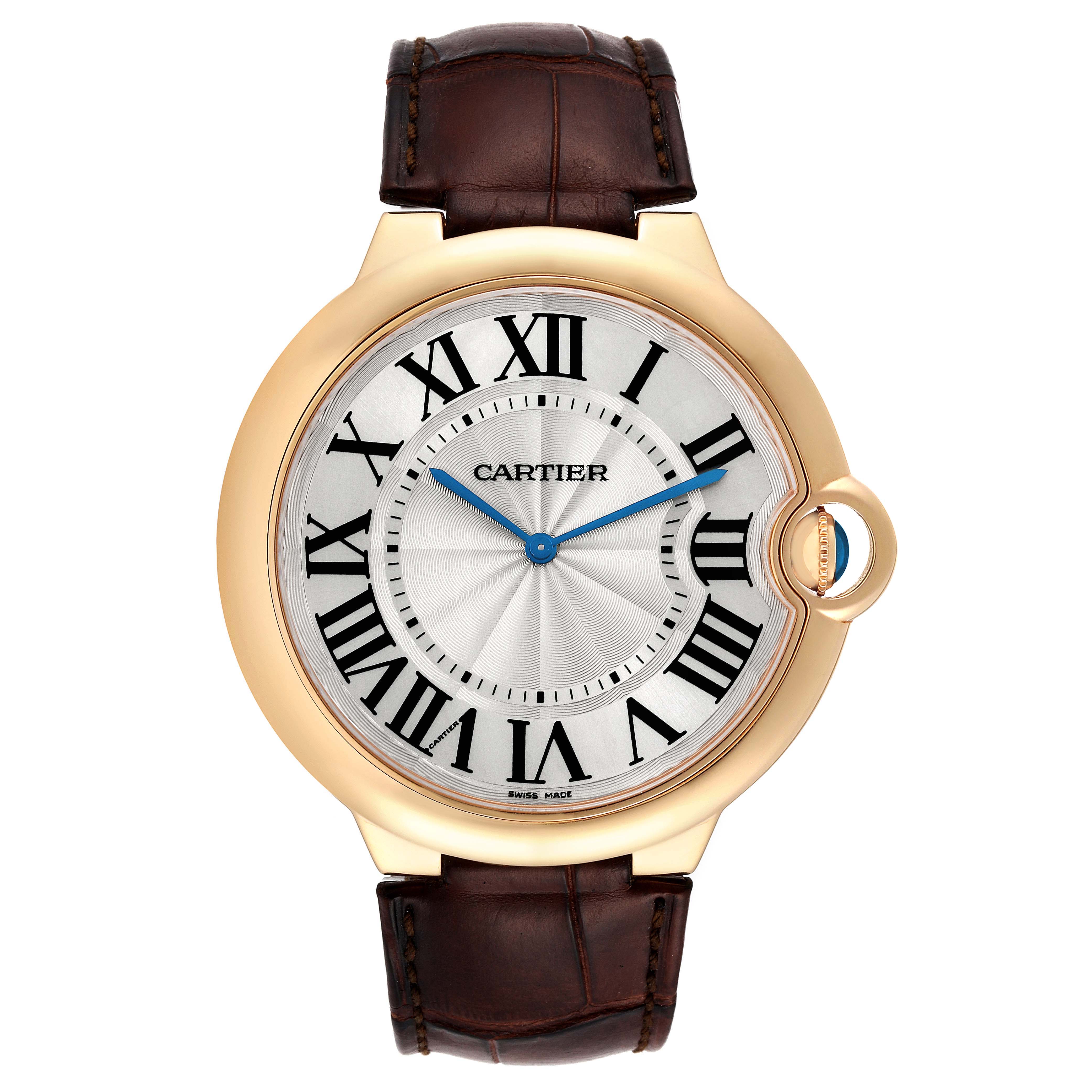 The Cartier Ballon Bleu W690054 Men's Yellow Gold Silver Dial W690054 Men's Yellow Gold Silver Dial watch is shown from a front angle, displaying the dial, hands, and strap.
