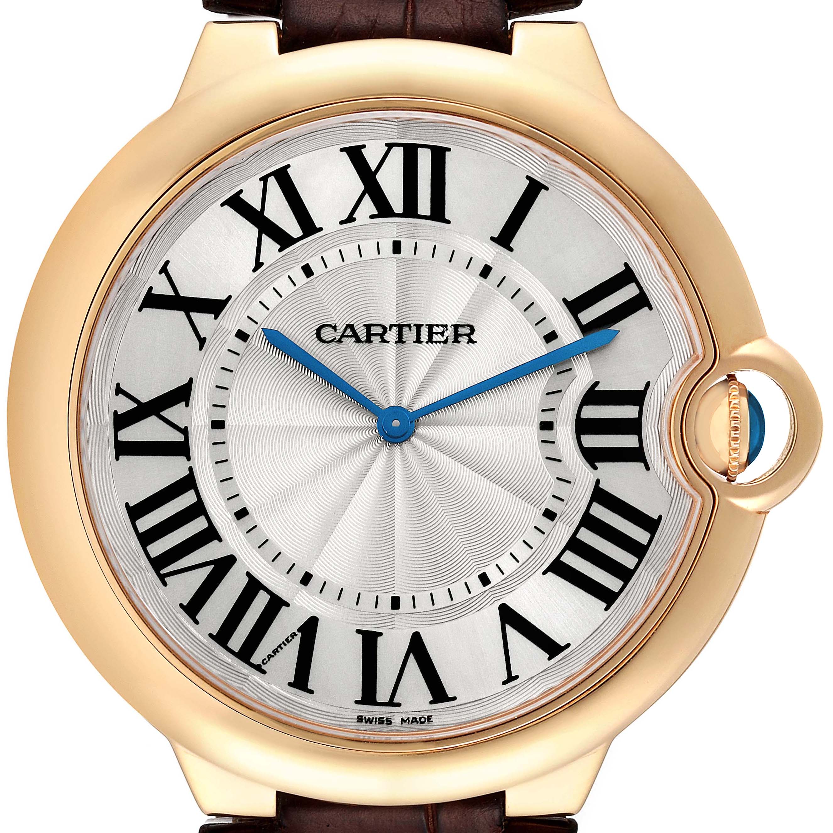The image shows a frontal view of the Cartier Ballon Bleu W690054 Men's Yellow Gold Silver Dial W690054 Men's Yellow Gold Silver Dial watch, highlighting the dial, Roman numerals, and crown.