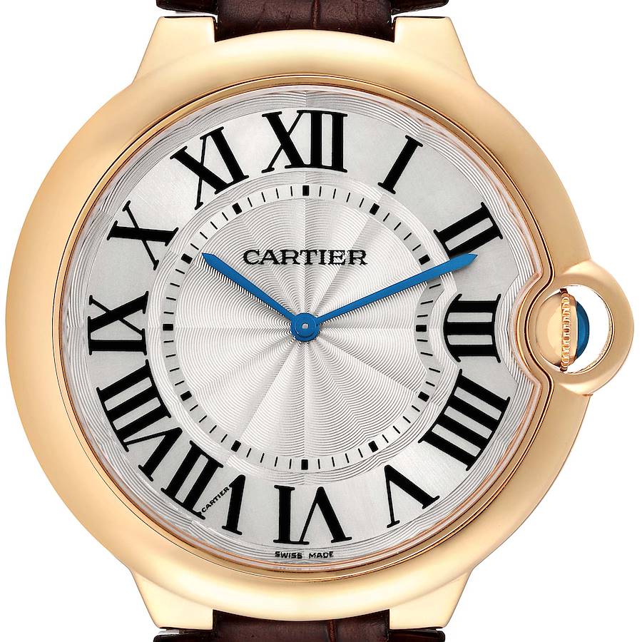 The image shows a frontal view of the Cartier Ballon Bleu watch, highlighting the dial, Roman numerals, and crown.