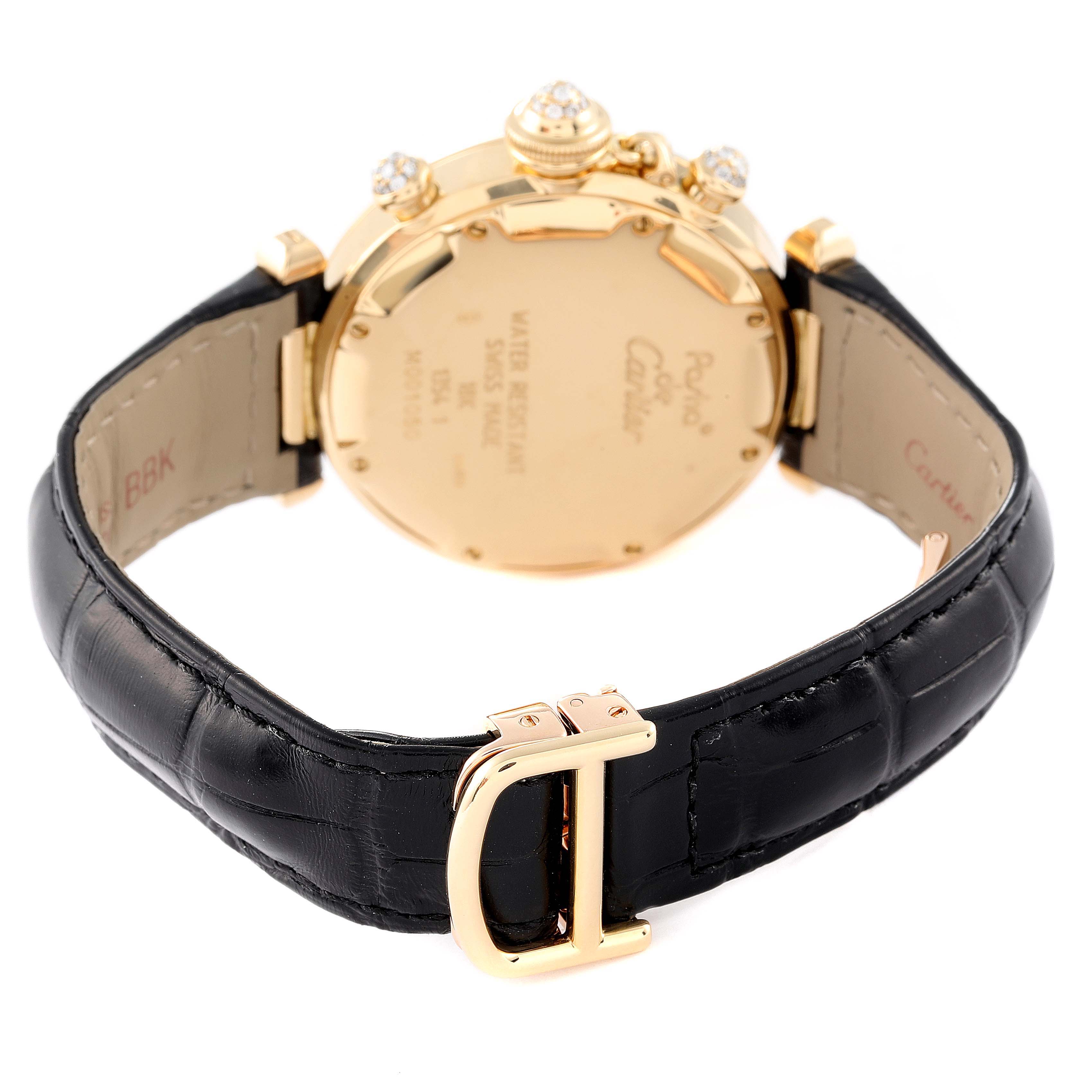 The image shows the back and strap of the Cartier Pasha 1354 Men's Yellow Gold Silver Dial 1354 Men's Yellow Gold Silver Dial watch, including the buckle and leather band.