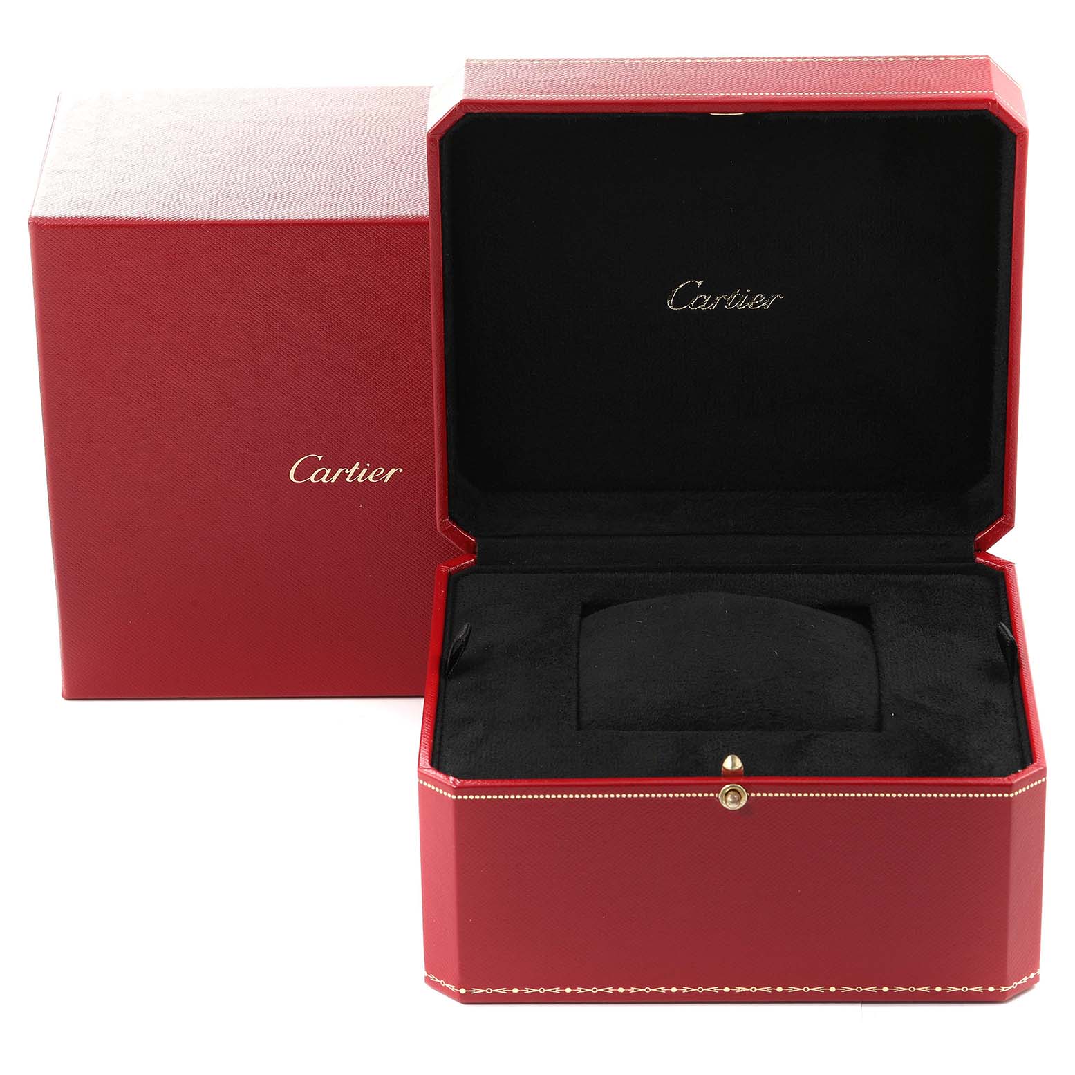 This image shows the opened red presentation box for the Cartier Pasha 1354 Men's Yellow Gold Silver Dial 1354 Men's Yellow Gold Silver Dial watch, with the Cartier logo inside.