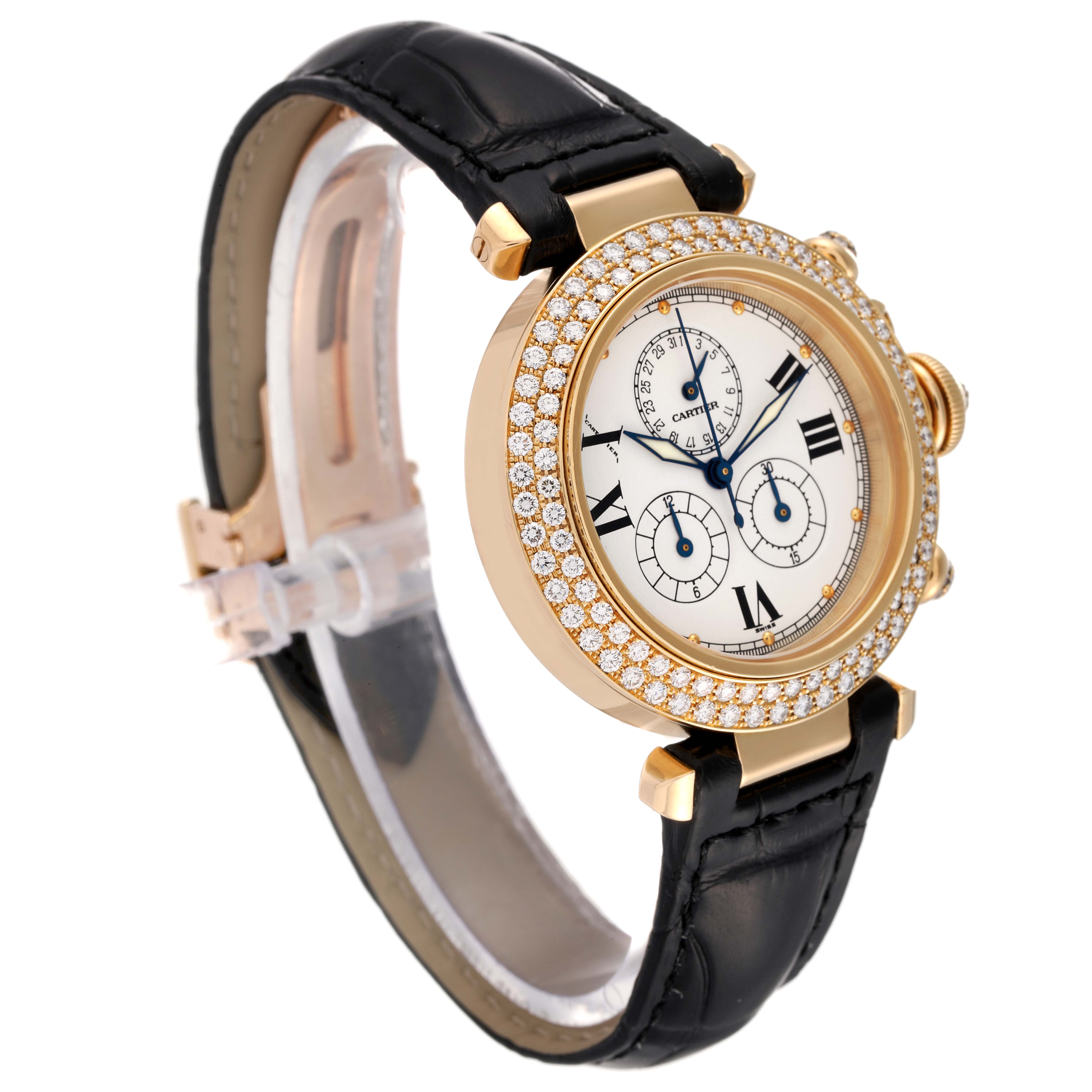 The image shows a side view of a Cartier Pasha 1354 Men's Yellow Gold Silver Dial 1354 Men's Yellow Gold Silver Dial watch, highlighting its round diamond-encrusted bezel and black leather strap.