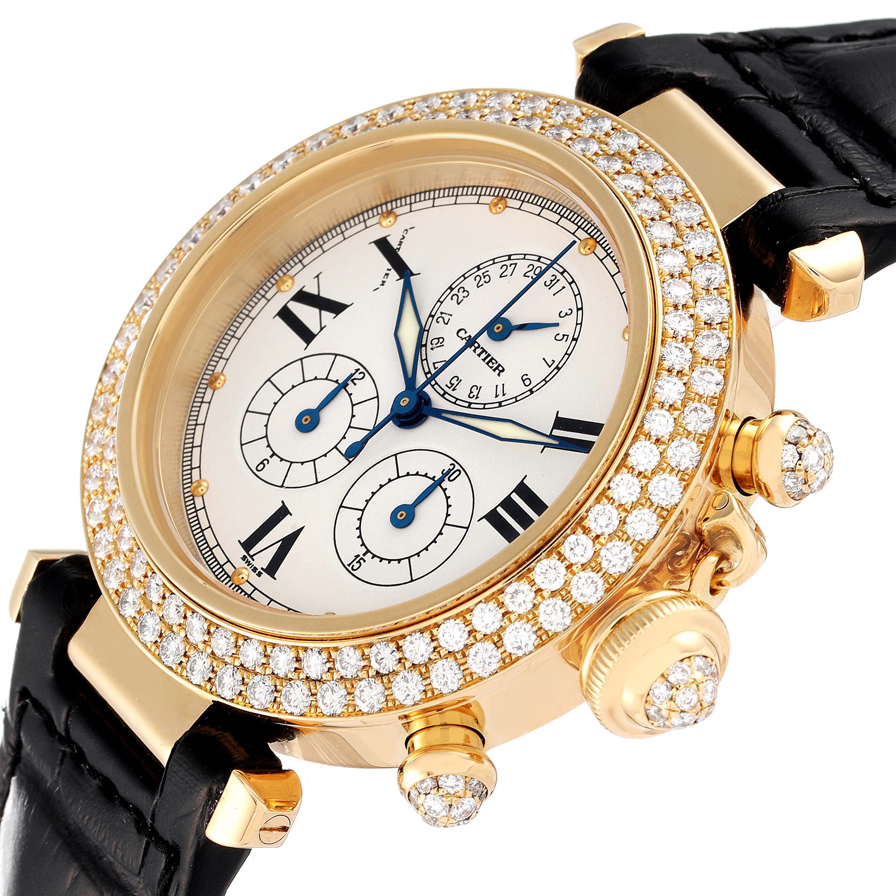 The image features a close-up angle of a Cartier Pasha 1354 Men's Yellow Gold Silver Dial 1354 Men's Yellow Gold Silver Dial watch, showcasing its diamond-studded bezel, crown, subdials, and black leather strap.