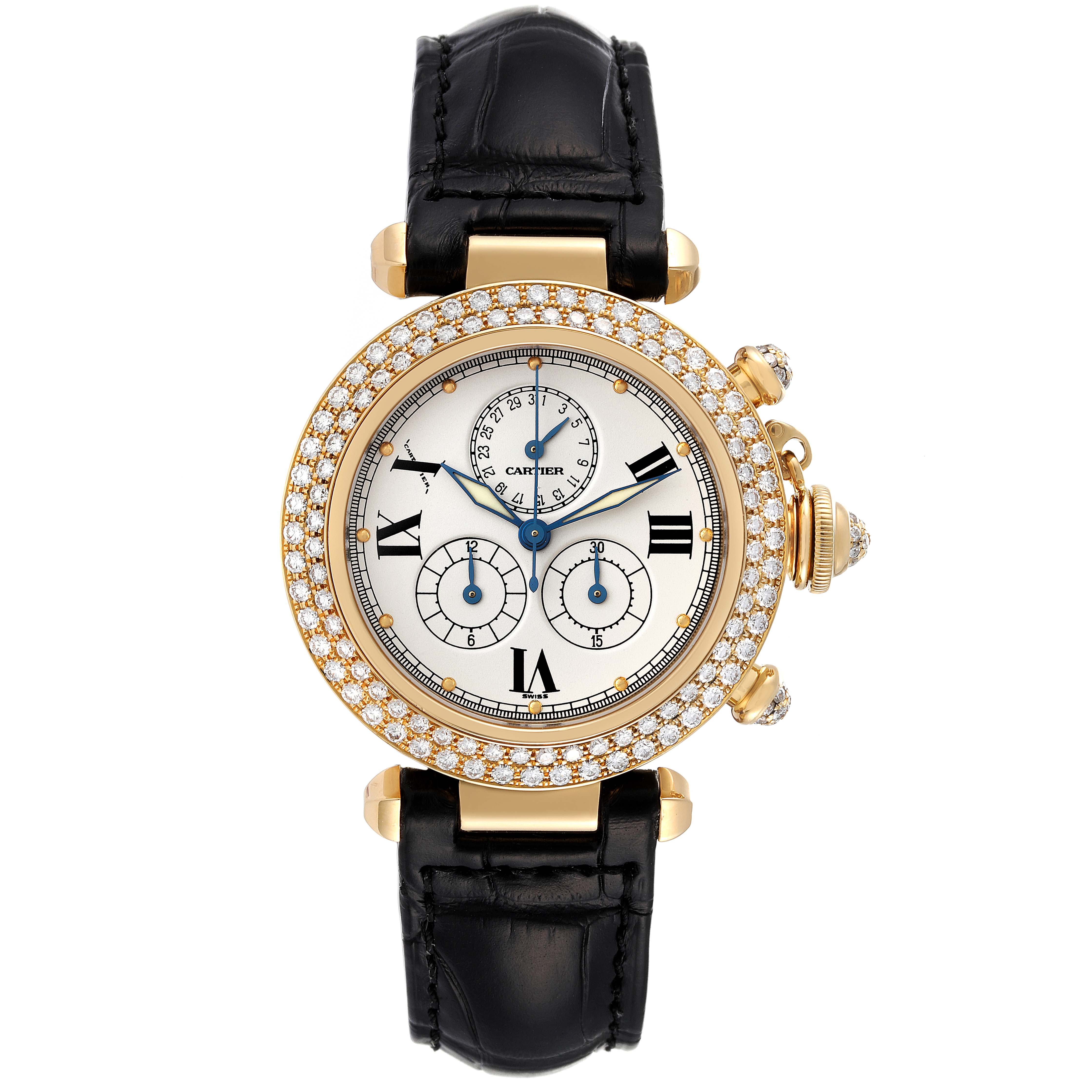 The image shows a frontal view of the Cartier Pasha 1354 Men's Yellow Gold Silver Dial 1354 Men's Yellow Gold Silver Dial watch, highlighting its black leather strap and diamond-studded face and bezel.