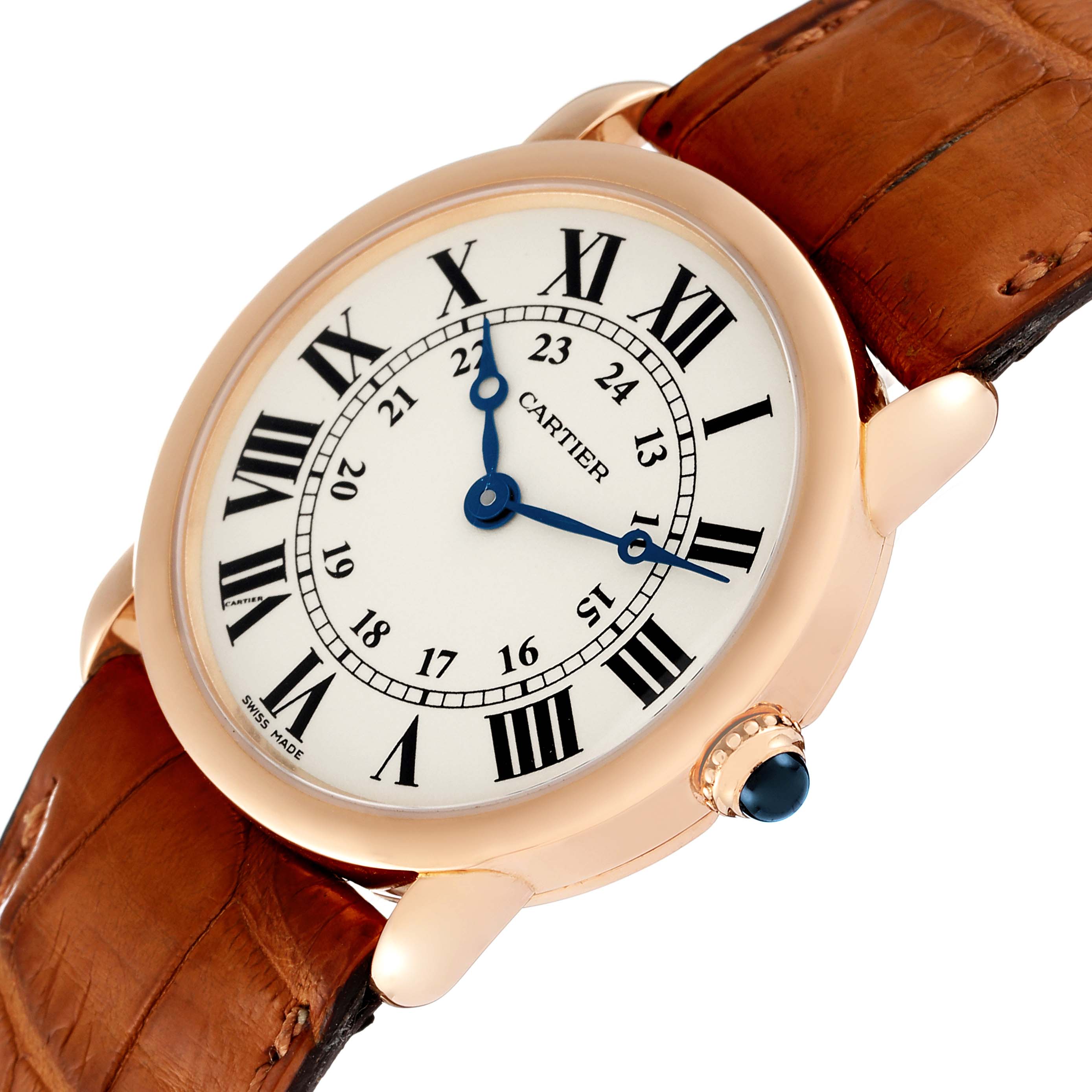 The image shows a close-up, angled view of a Ronde model watch by Cartier, highlighting the dial, case, and part of the strap.