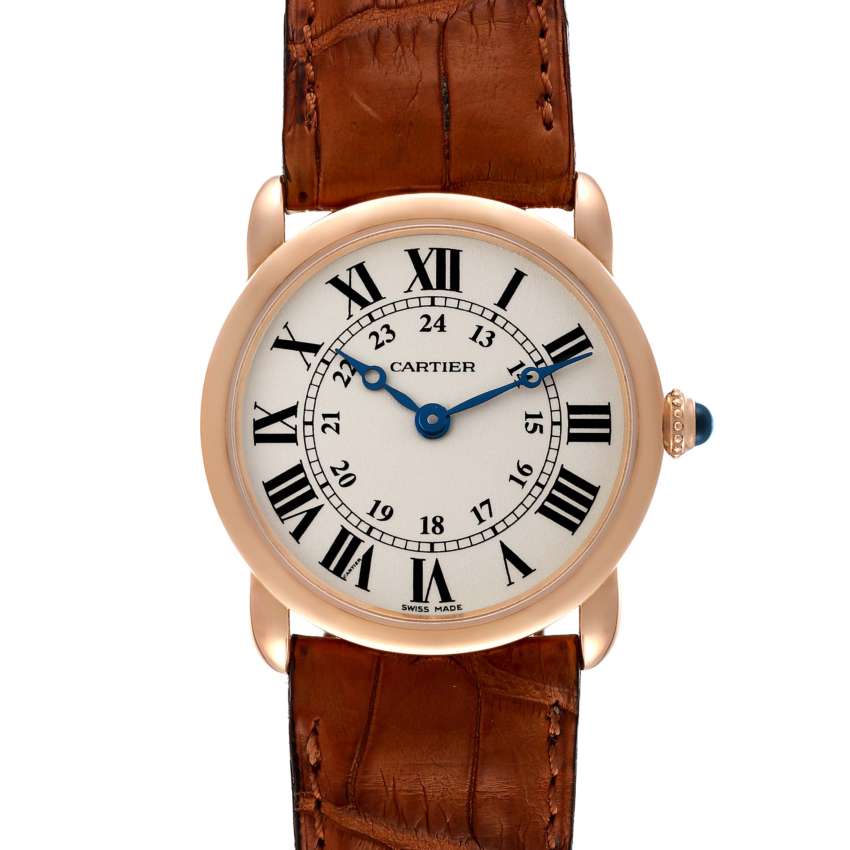 The image shows a frontal view of a Cartier Ronde W6800151 Women's Rose Gold Silver Dial W6800151 Women's Rose Gold Silver Dial watch with its dial, bezel, crown, and leather strap visible.