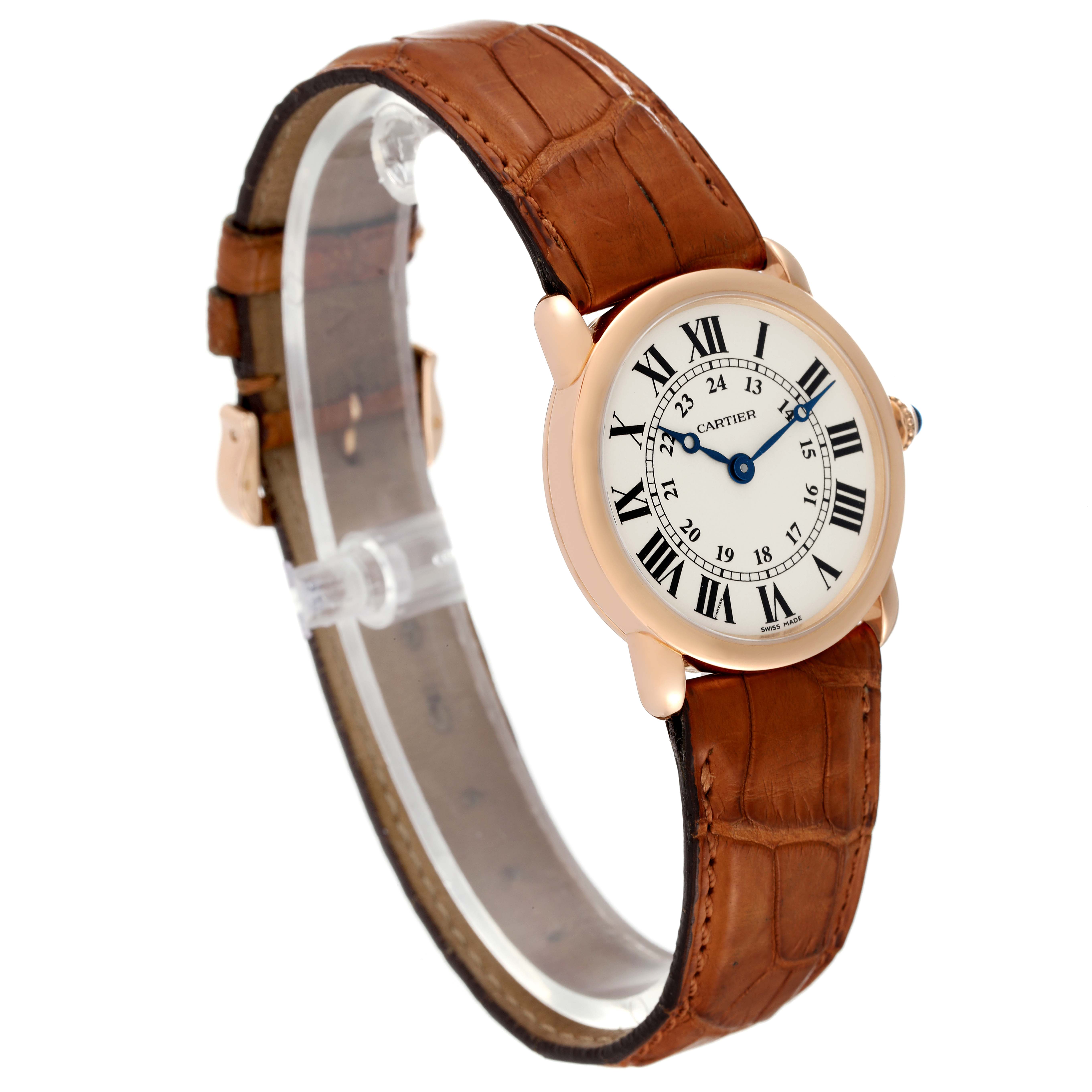 The image shows a side angle of the Cartier Ronde W6800151 Women's Rose Gold Silver Dial W6800151 Women's Rose Gold Silver Dial watch, highlighting the face and brown leather strap.