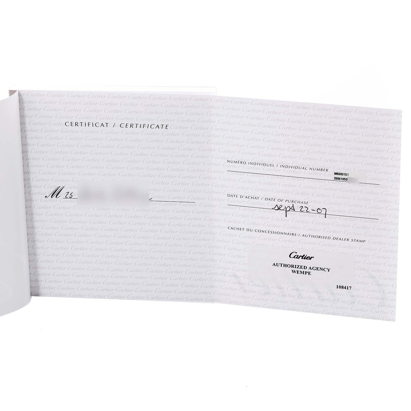 The image shows the warranty certificate for the Cartier Ronde W6800151 Women's Rose Gold Silver Dial W6800151 Women's Rose Gold Silver Dial model watch, featuring purchase details and an authorized dealer stamp.