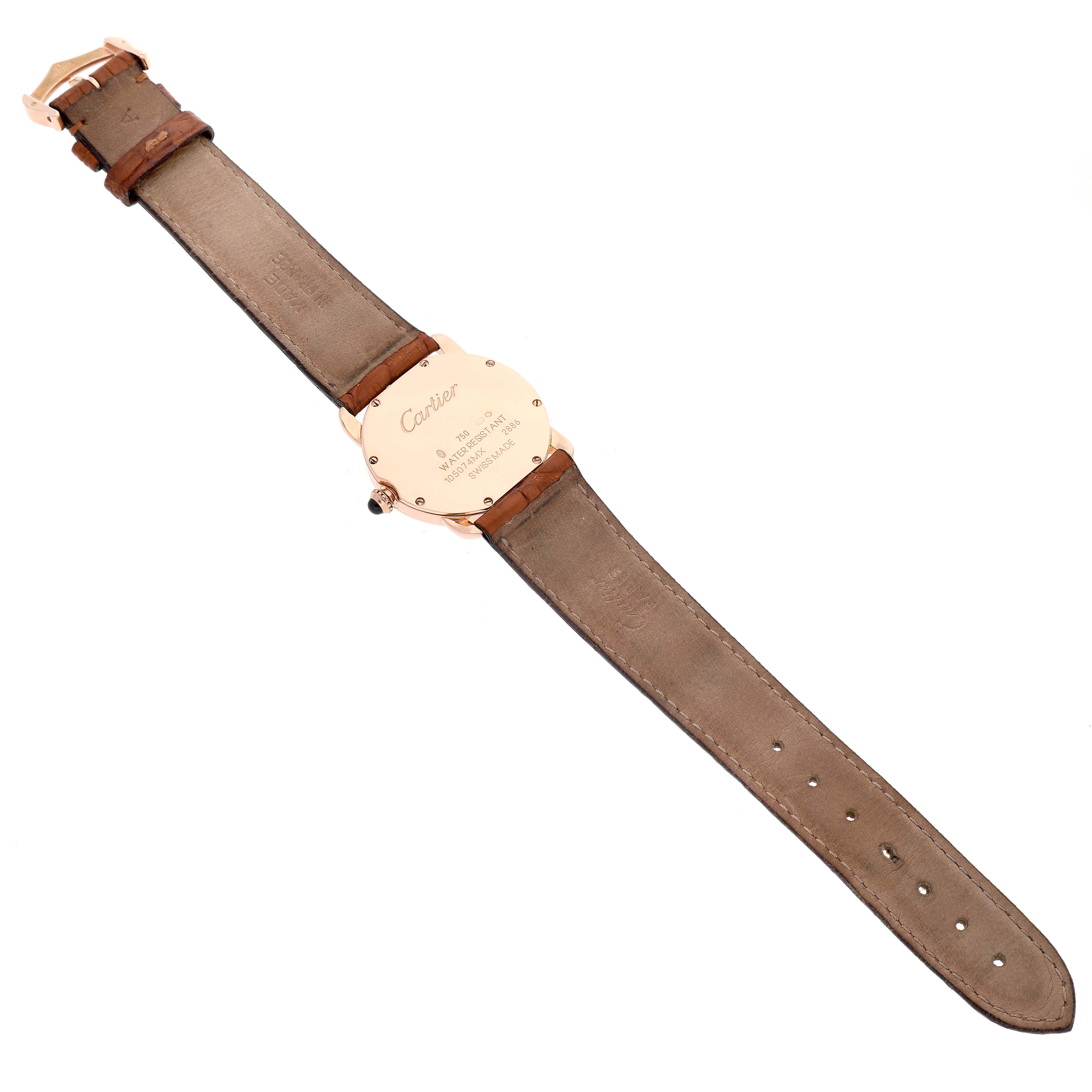 The image shows the back view of a Ronde model watch by Cartier, displaying the leather strap and the case back.