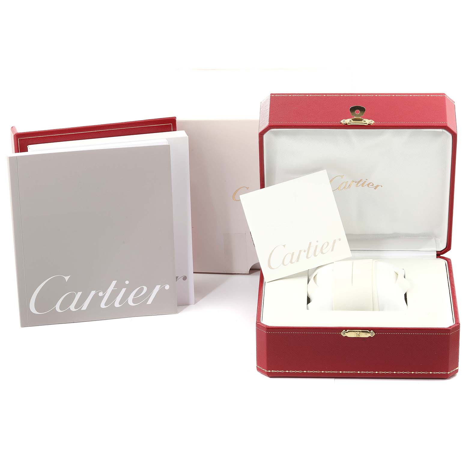The image shows the box and manuals for the Cartier Ronde W6800151 Women's Rose Gold Silver Dial W6800151 Women's Rose Gold Silver Dial model, including a red watch case and branded booklets.