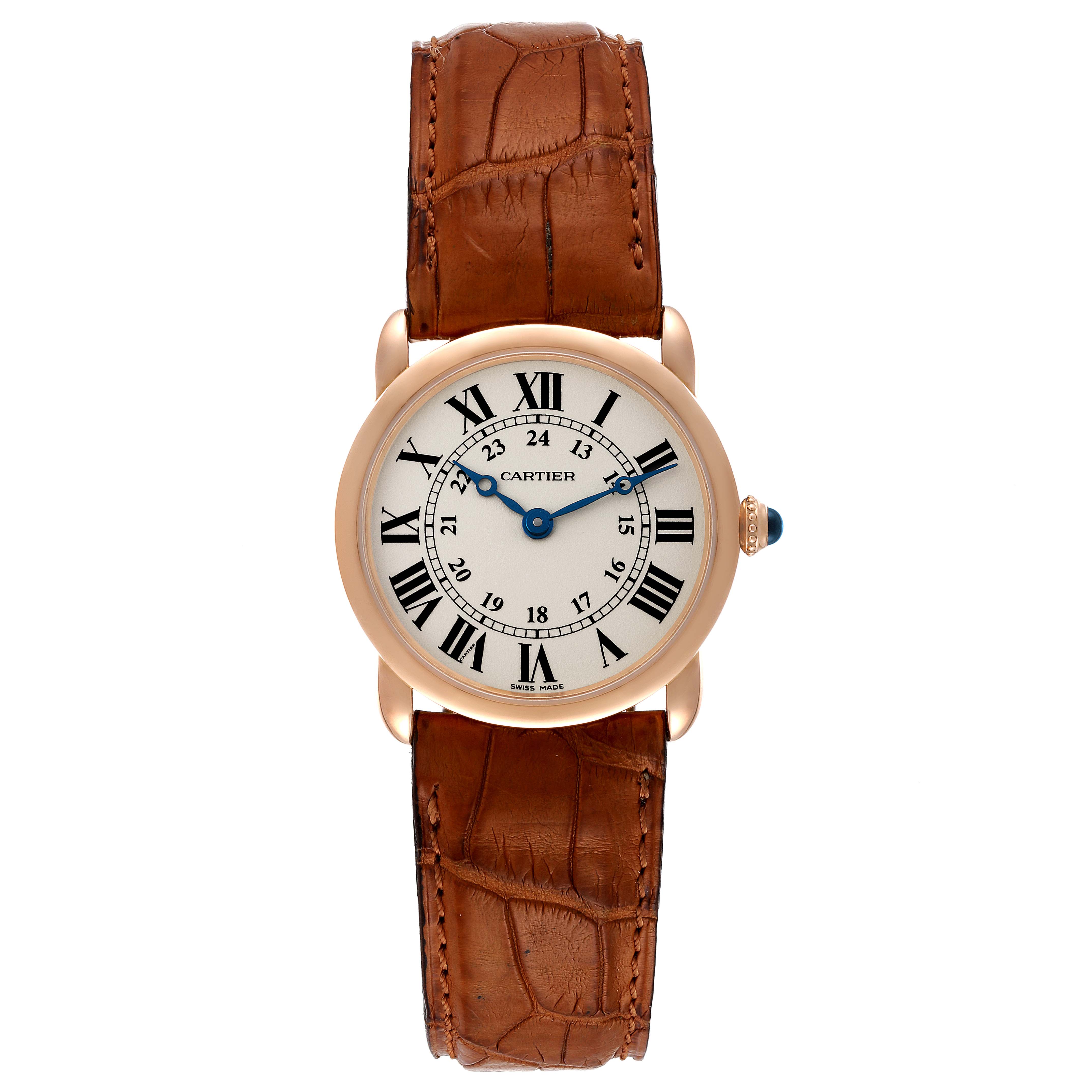 The image shows a front view of the Cartier Ronde W6800151 Women's Rose Gold Silver Dial W6800151 Women's Rose Gold Silver Dial model watch, featuring a brown leather strap and a round face with Roman numerals.