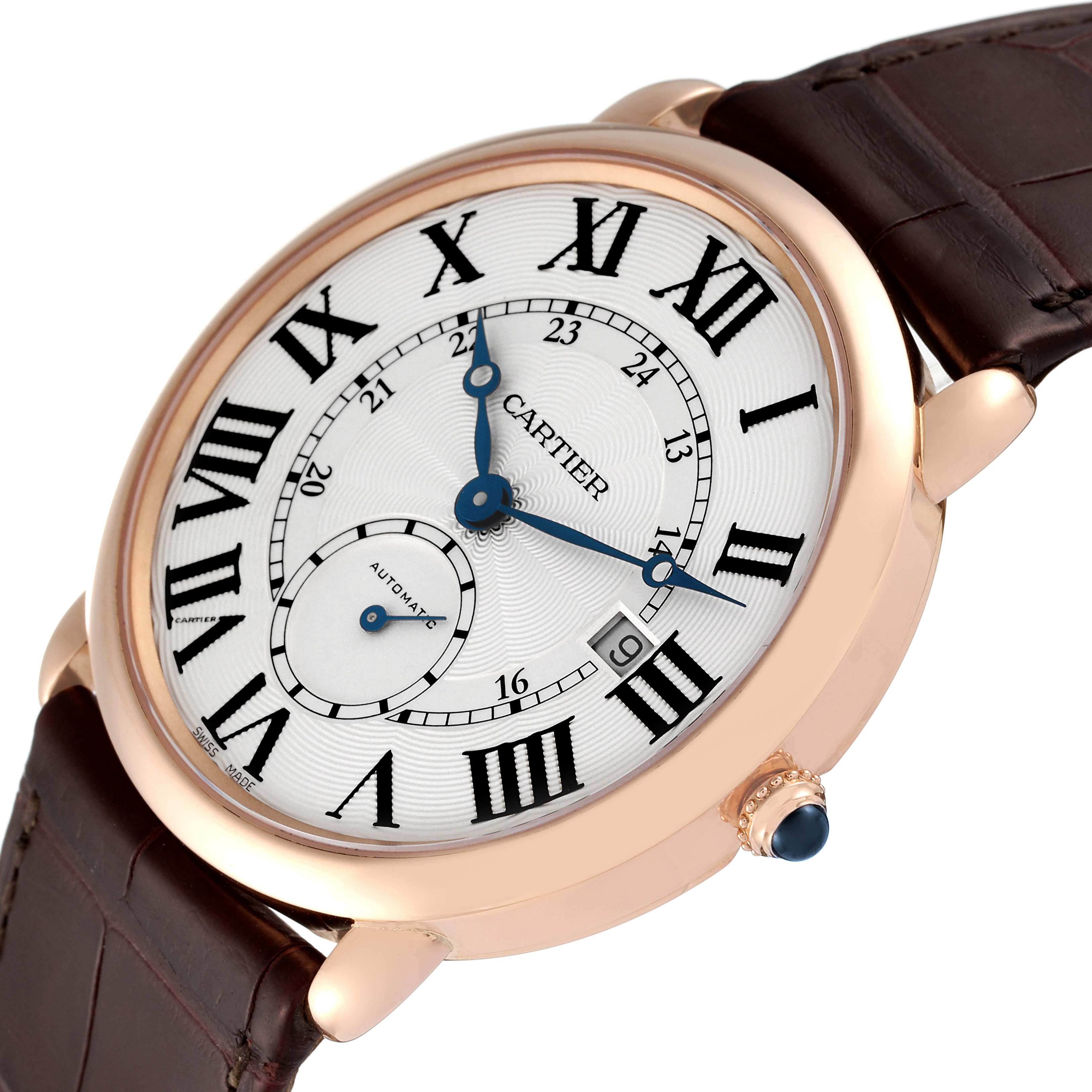 The image shows a close-up side angle of the Cartier Ronde W6801005 Men's Rose Gold Silver Dial W6801005 Men's Rose Gold Silver Dial watch, displaying the dial, crown, and leather strap.