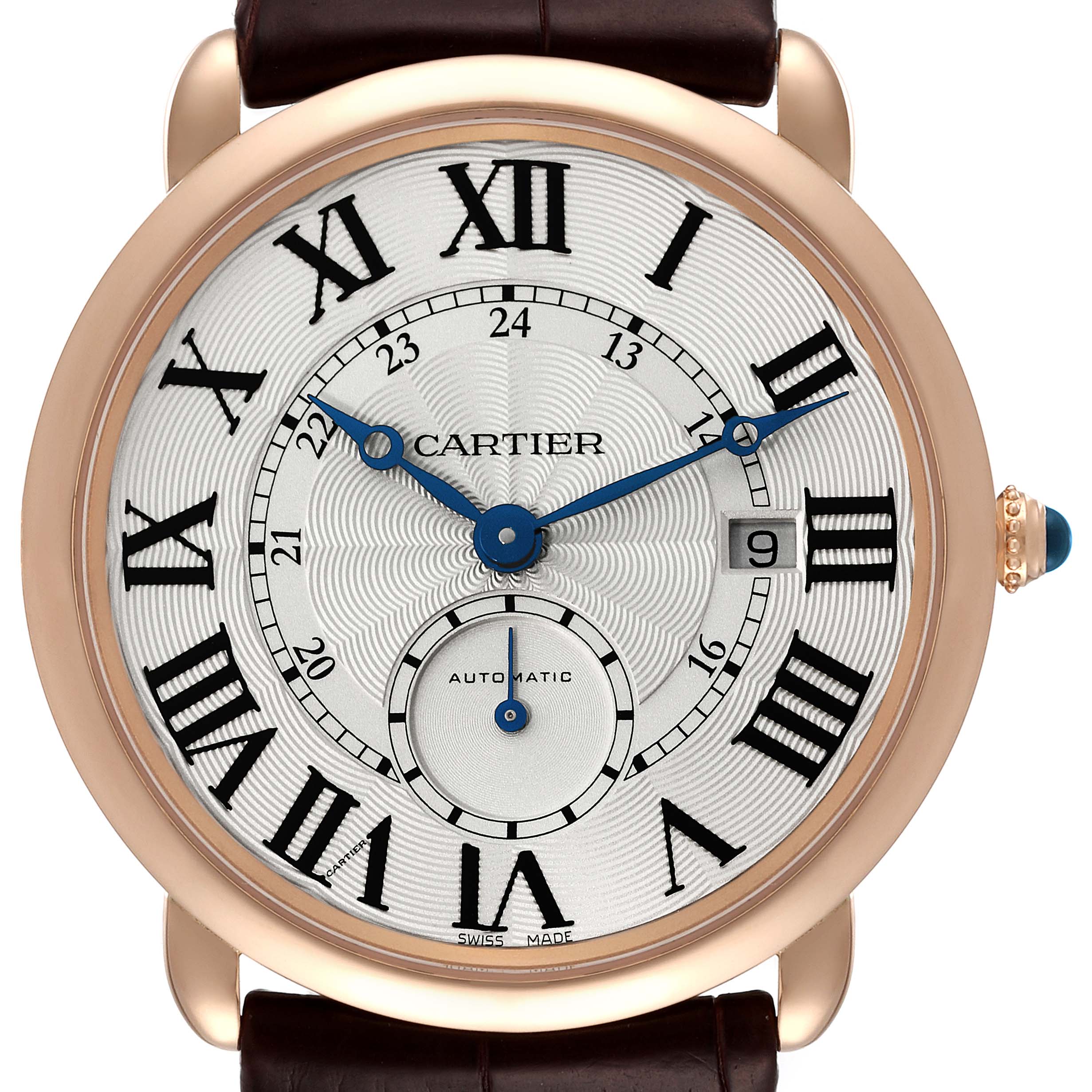 The image shows a frontal view of a Cartier Ronde W6801005 Men's Rose Gold Silver Dial W6801005 Men's Rose Gold Silver Dial watch, highlighting its Roman numerals, blue hands, and date indicator.