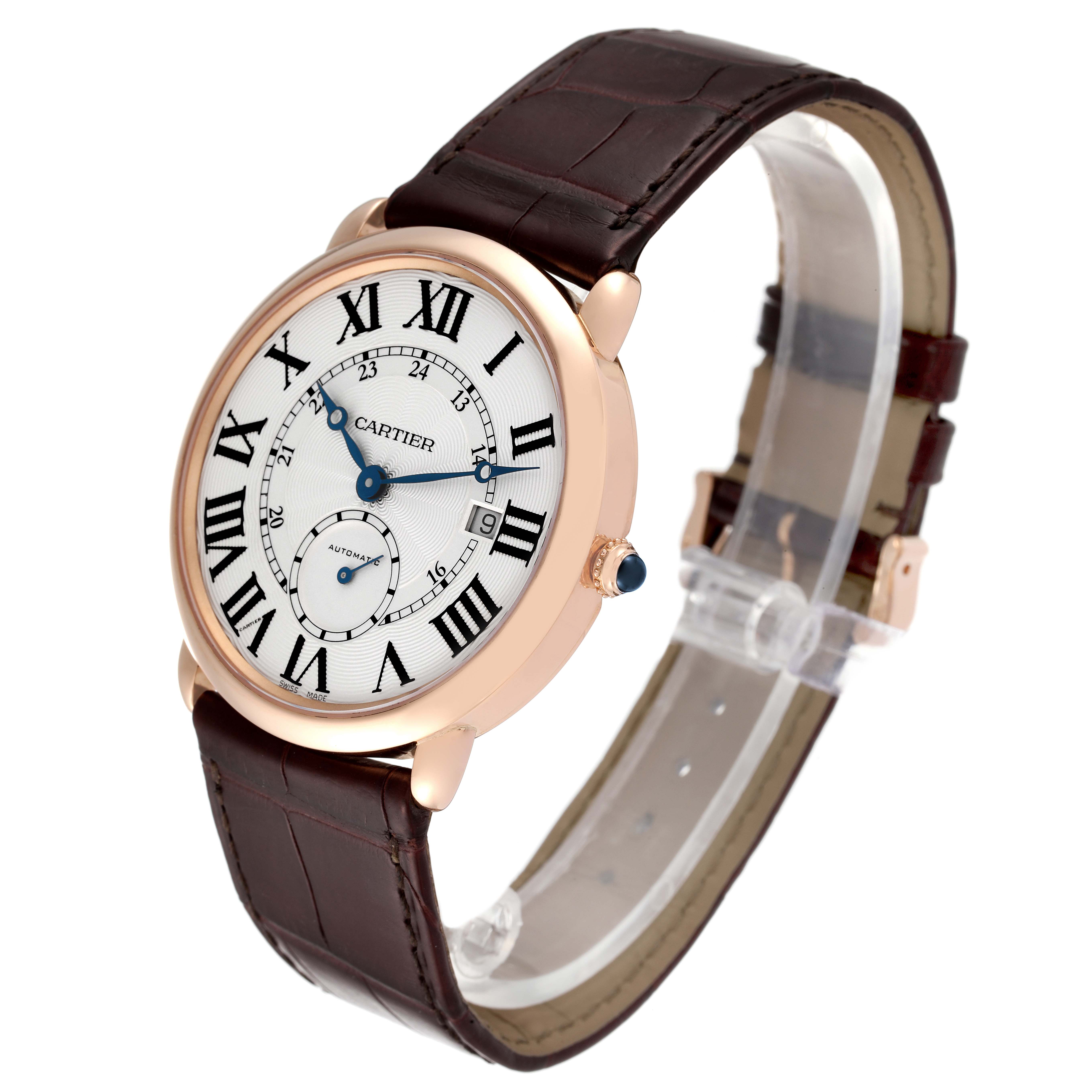 The image shows a Cartier Ronde W6801005 Men's Rose Gold Silver Dial W6801005 Men's Rose Gold Silver Dial watch at an oblique angle, highlighting its dial, bezel, and brown leather strap.