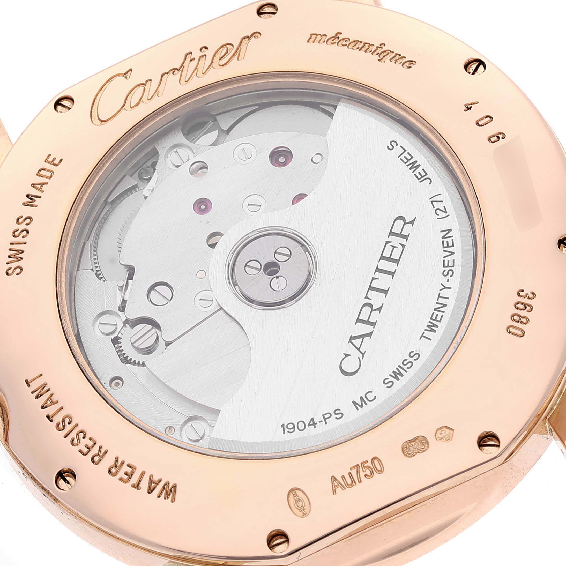 The image shows the back of the Cartier Ronde W6801005 Men's Rose Gold Silver Dial W6801005 Men's Rose Gold Silver Dial watch, highlighting the internal mechanical components and inscriptions.