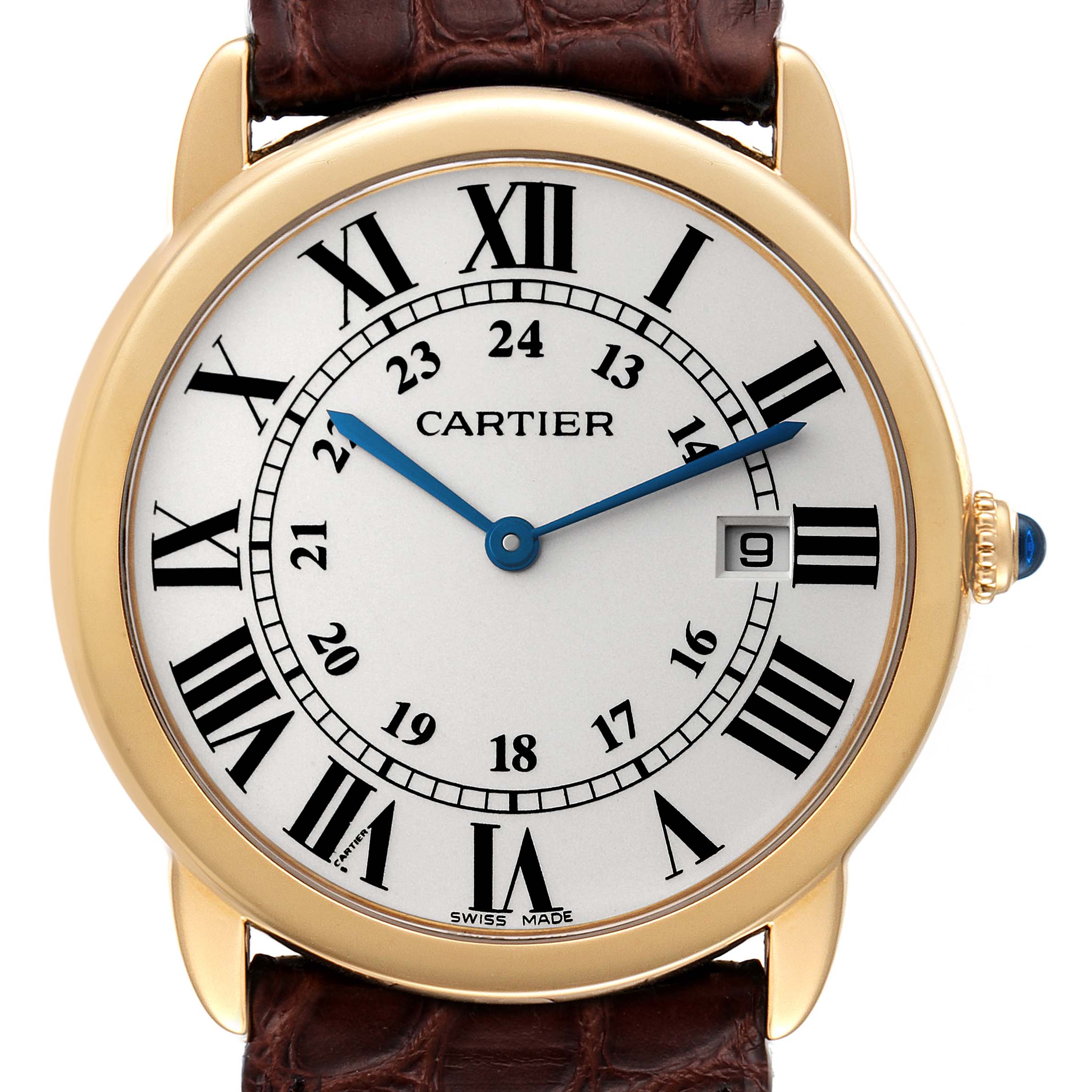 The image shows a front view of the Cartier Ronde W6700455 Men
s Yellow Gold Silver Dial W6700455 Men
s Yellow Gold Silver Dial watch, highlighting the dial, Roman numerals, hands, and date window.