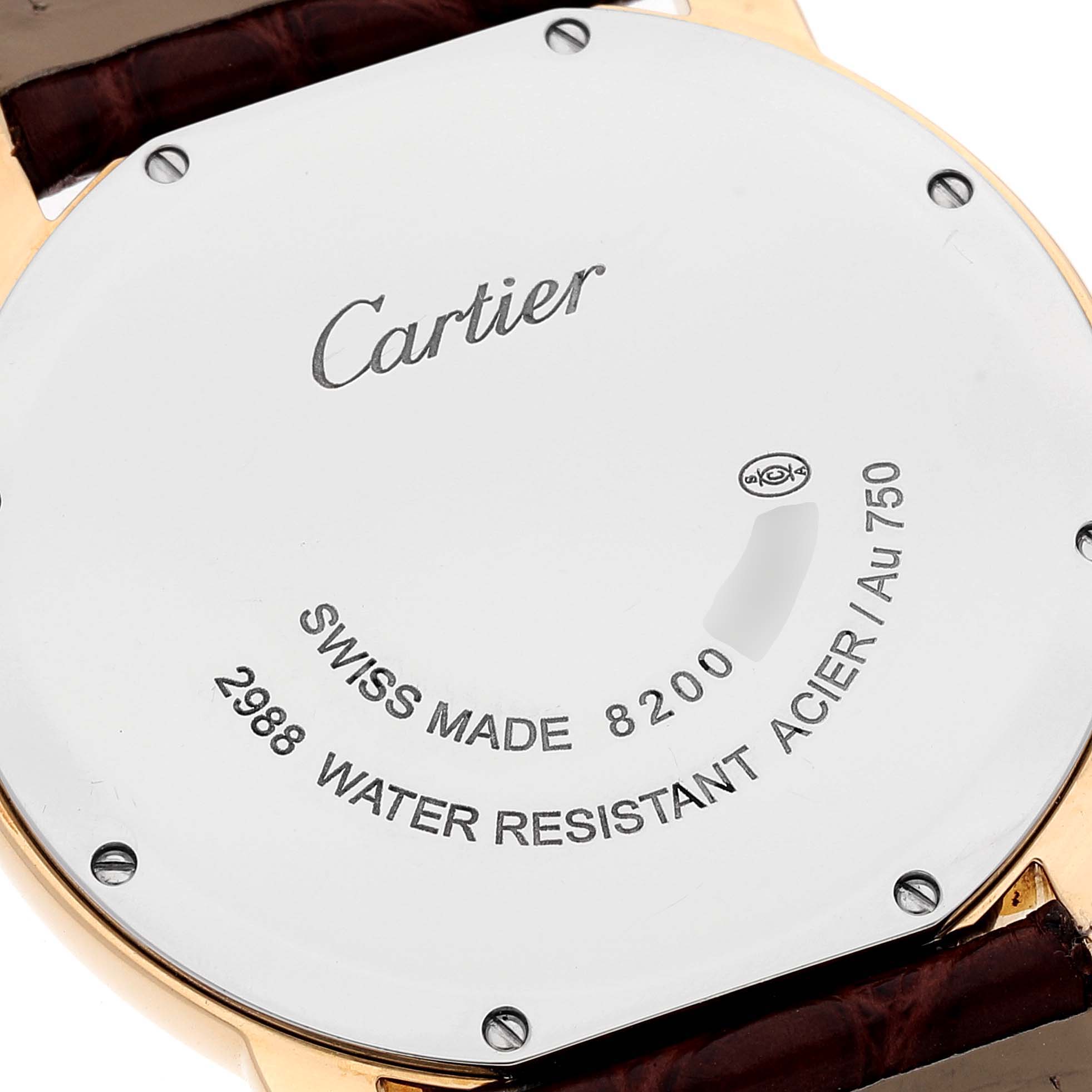 The image shows the back case of a Cartier Ronde W6700455 Men
s Yellow Gold Silver Dial W6700455 Men
s Yellow Gold Silver Dial watch, highlighting the brand name, model information, and water resistance details.