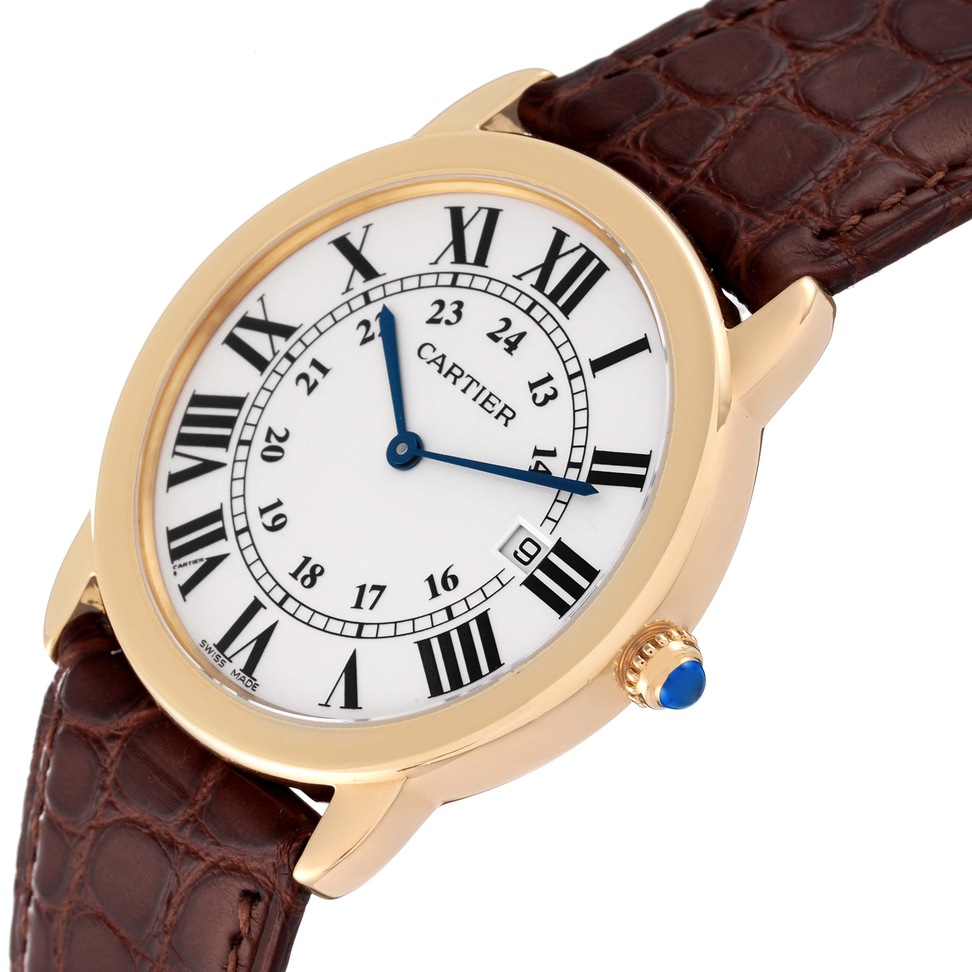 The Cartier Ronde W6700455 Men
s Yellow Gold Silver Dial W6700455 Men
s Yellow Gold Silver Dial watch is shown from a slight angle, highlighting its face, Roman numeral markers, and brown leather strap.