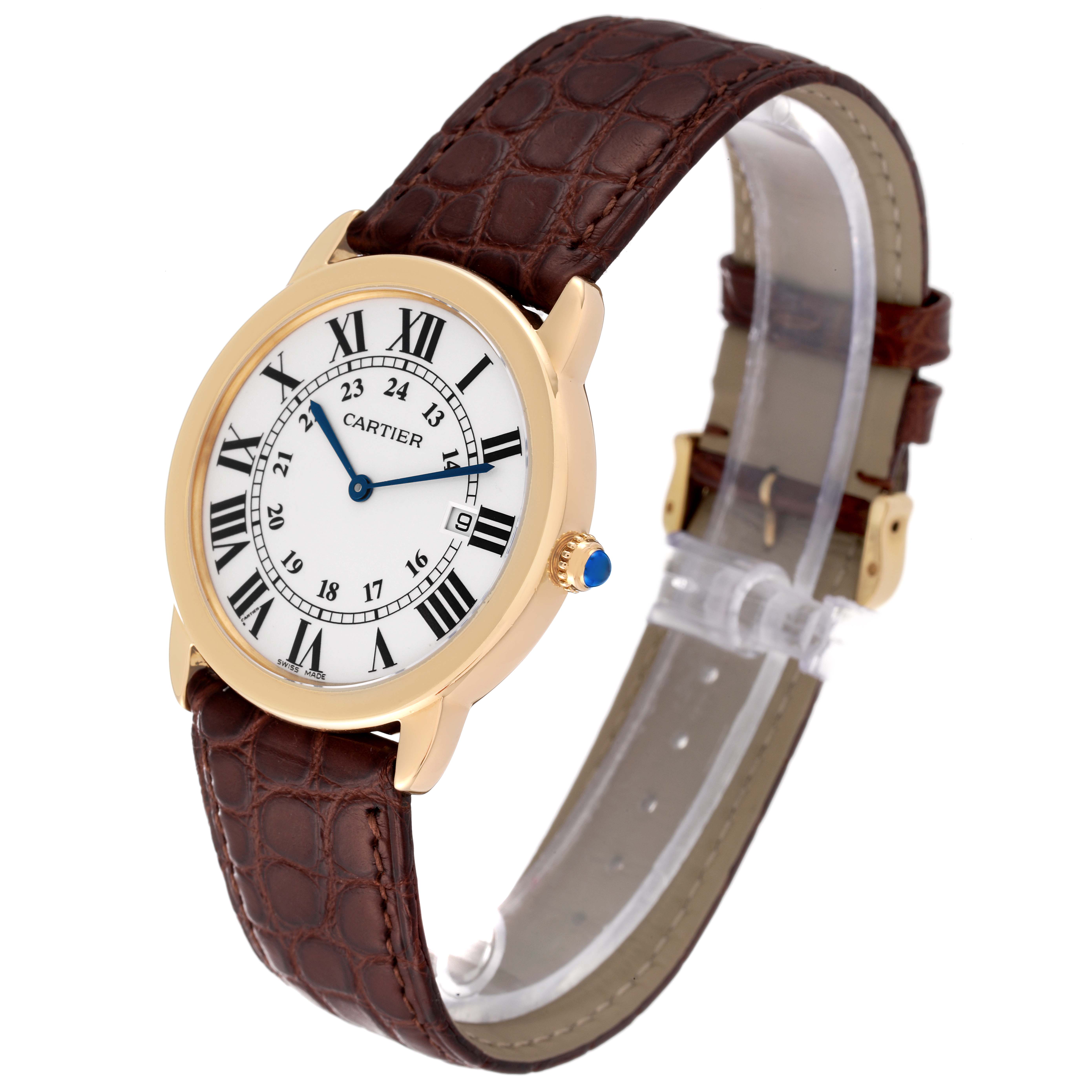 This image shows a Cartier Ronde W6700455 Men
s Yellow Gold Silver Dial W6700455 Men
s Yellow Gold Silver Dial watch from an angled front view, displaying the dial, case, and strap.