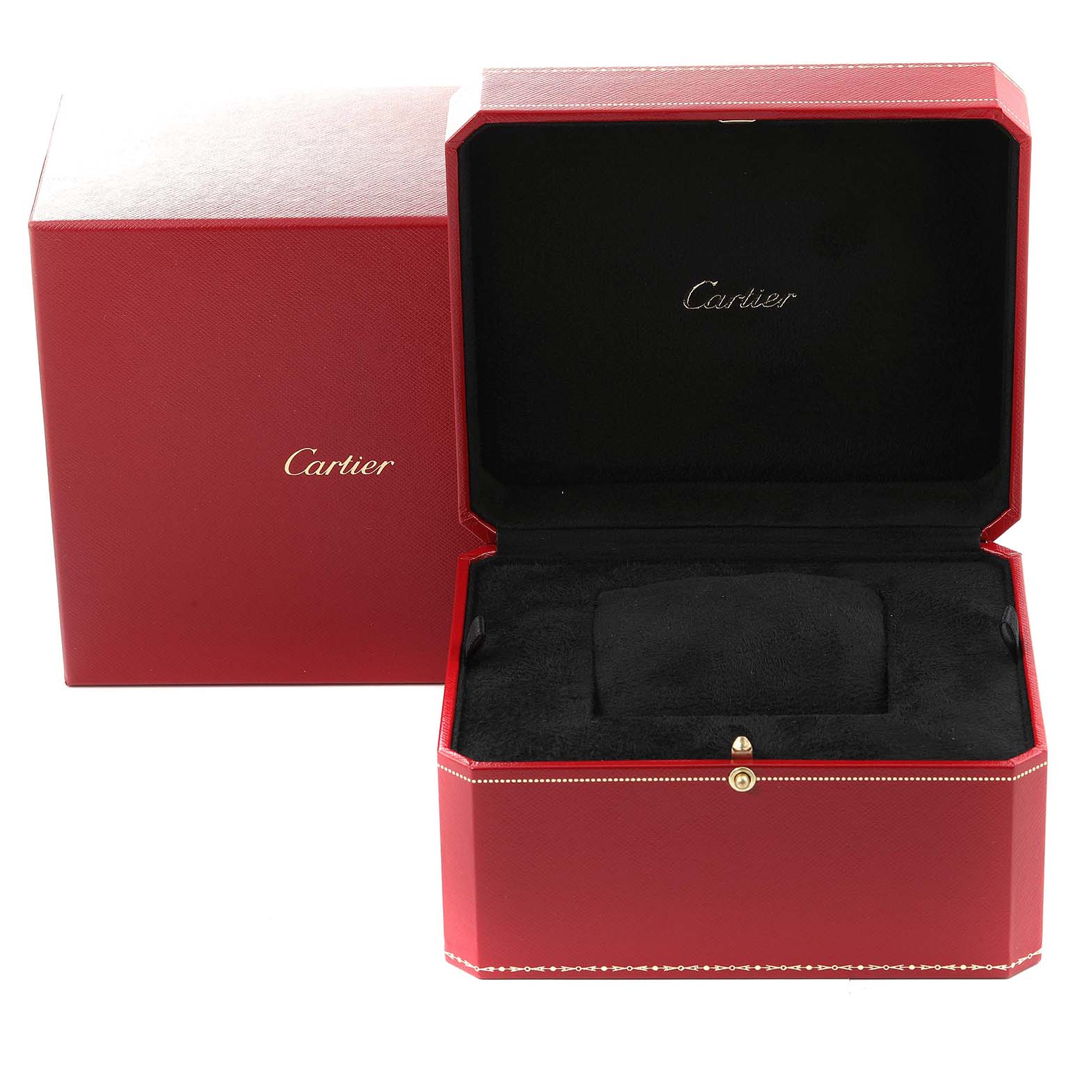 The image shows an open red Cartier box for the Ronde model watch, revealing its black interior and cushion.