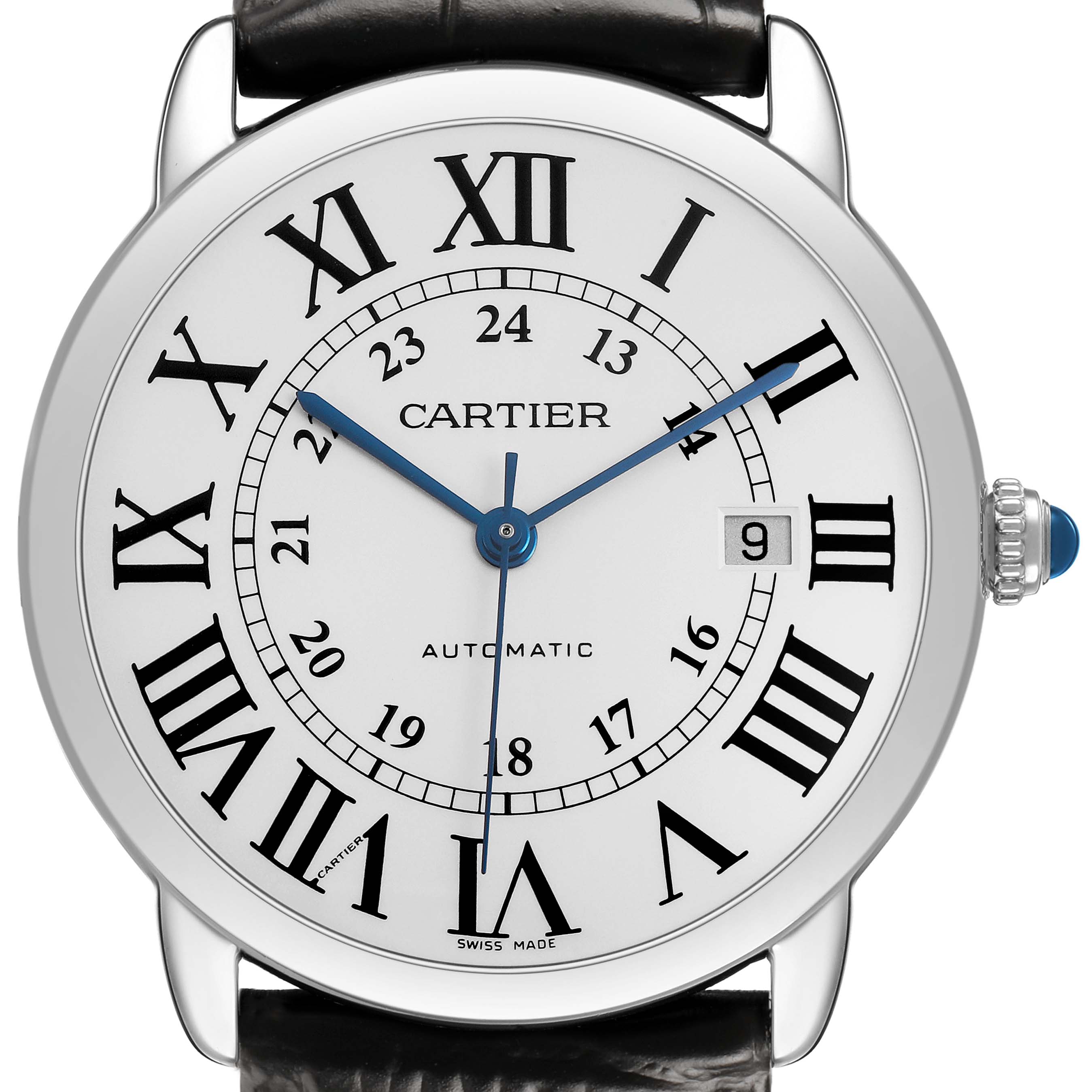 The Cartier Ronde W6701010 Men's Stainless Steel Silver Dial watch is shown from a front angle, displaying the dial, Roman numerals, and blue hands.