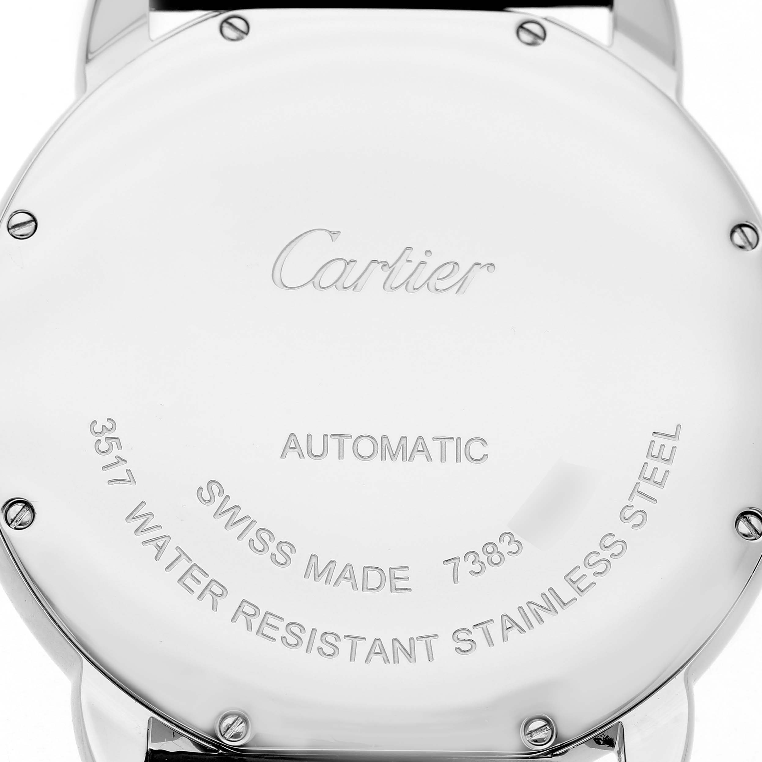 The image shows the back case of the Cartier Ronde W6701010 Men's Stainless Steel Silver Dial watch, displaying engravings and screws.