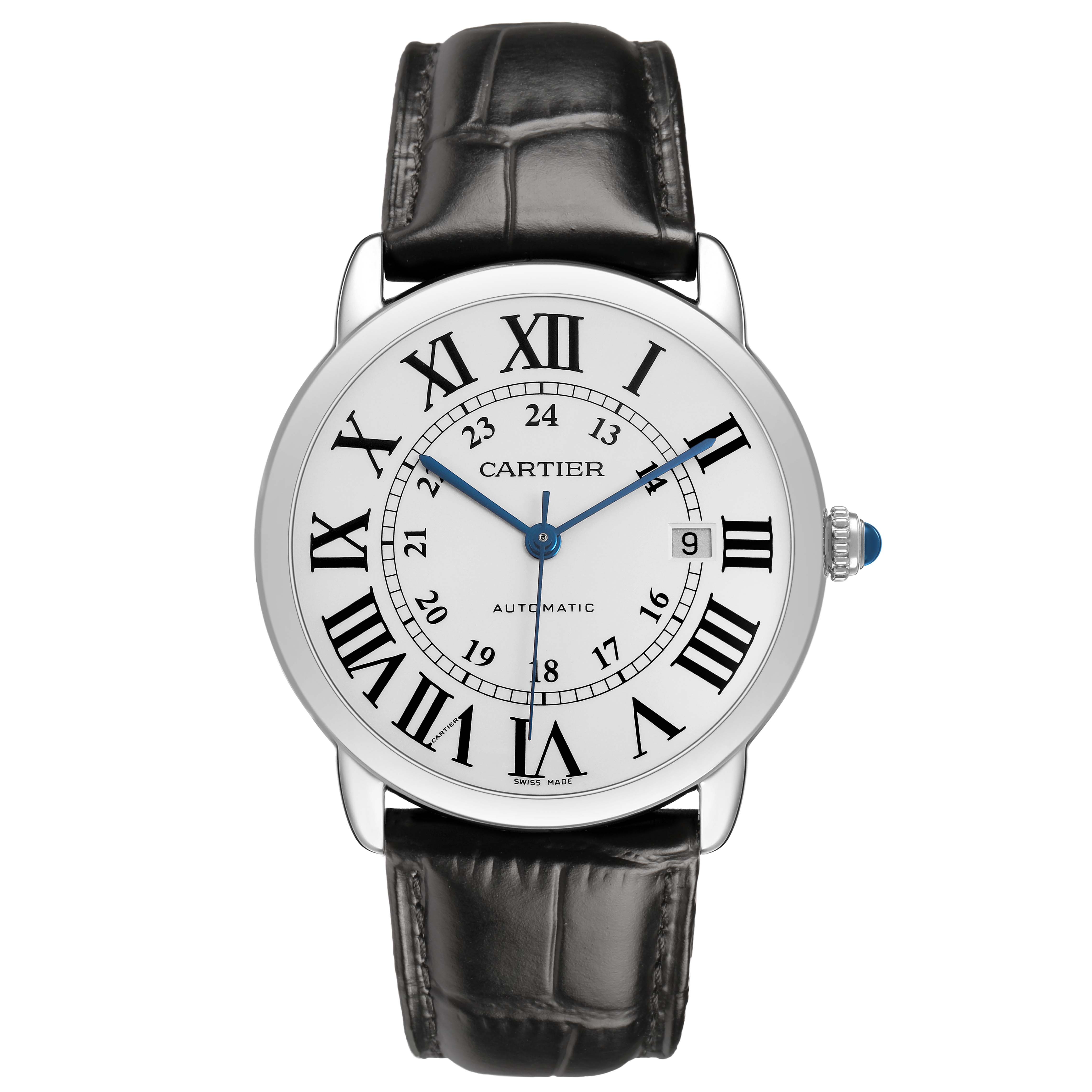 The Cartier Ronde W6701010 Men's Stainless Steel Silver Dial model watch is shown from the front, highlighting its dial, Roman numerals, and leather strap.