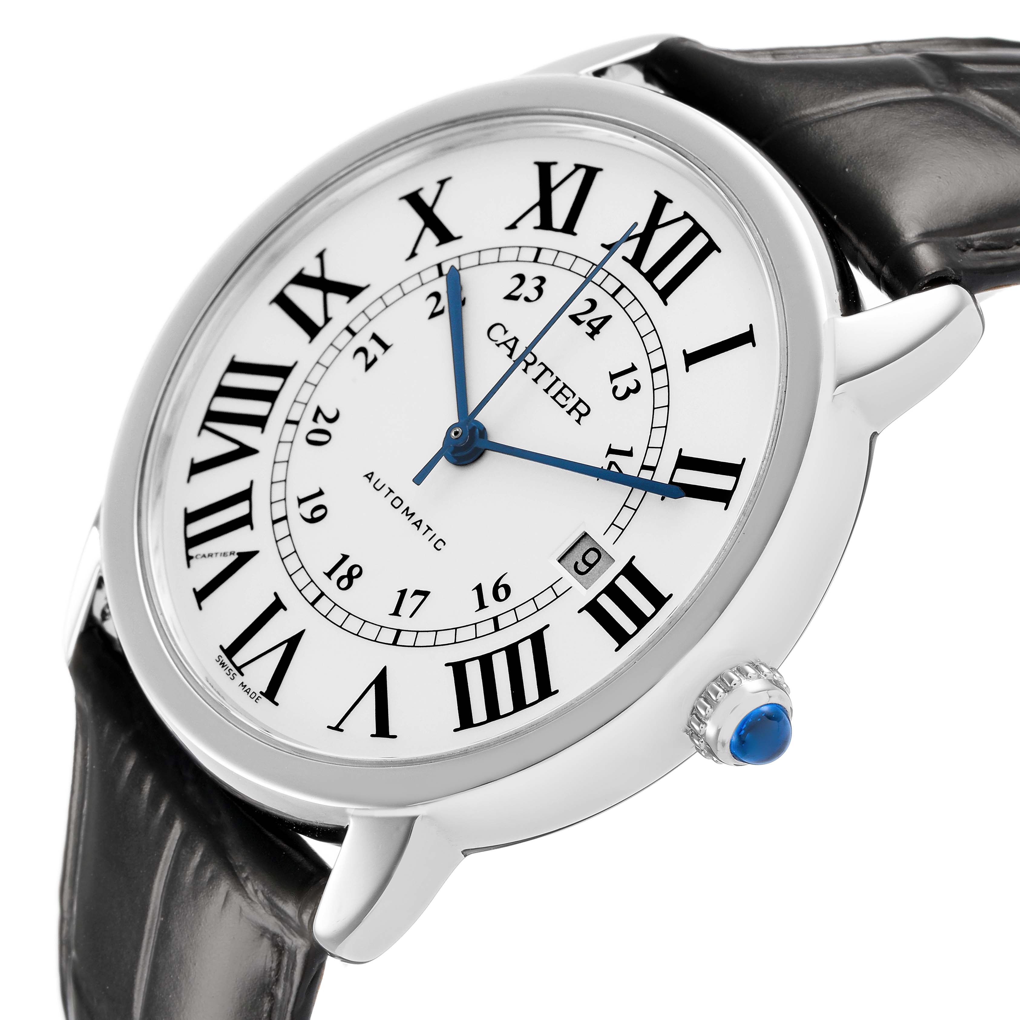 The Cartier Ronde W6701010 Men's Stainless Steel Silver Dial watch is shown at a three-quarter angle, highlighting the dial, bezel, and crown details.