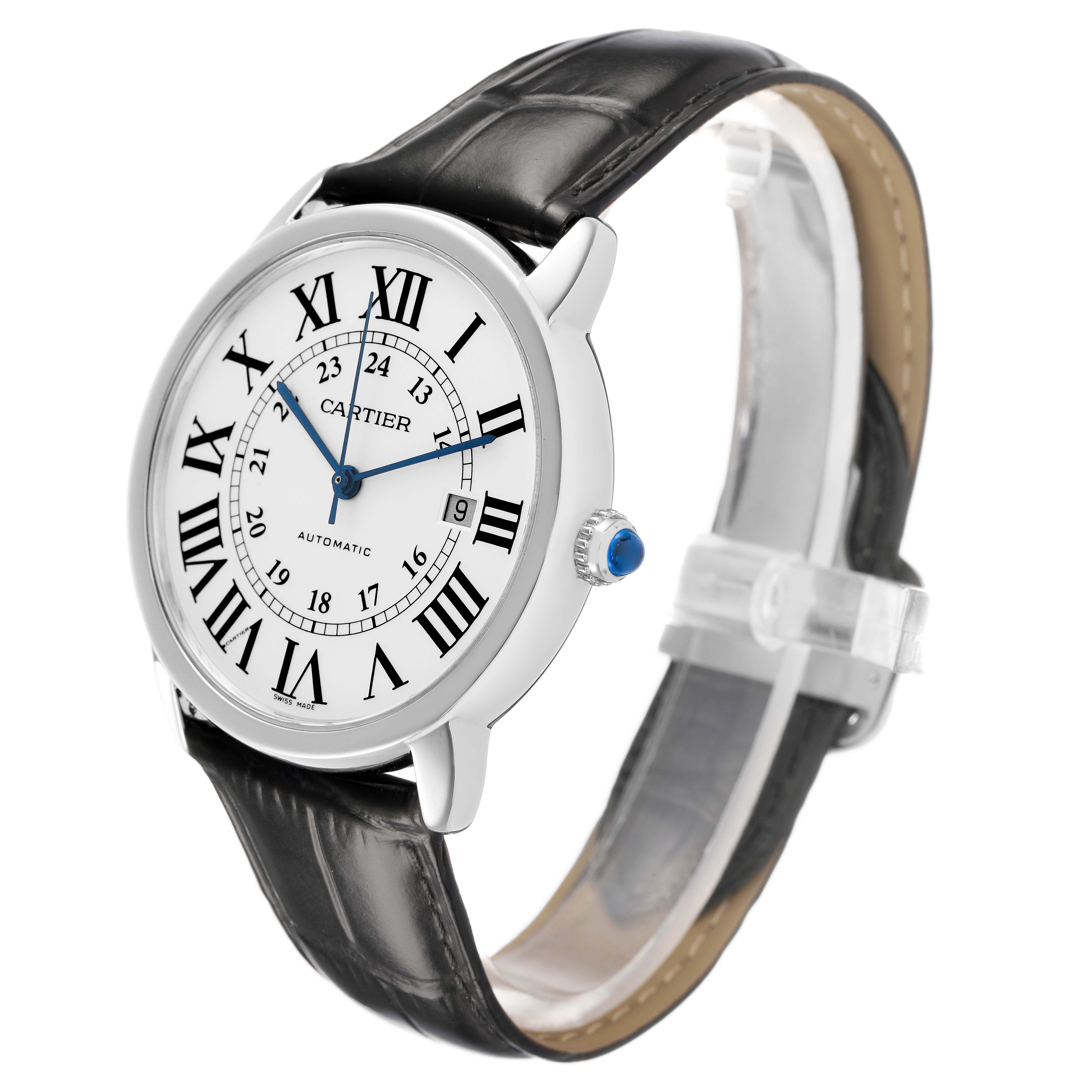 The Cartier Ronde W6701010 Men's Stainless Steel Silver Dial model watch is shown at a side angle, displaying the face, crown with blue gemstone, and leather strap.
