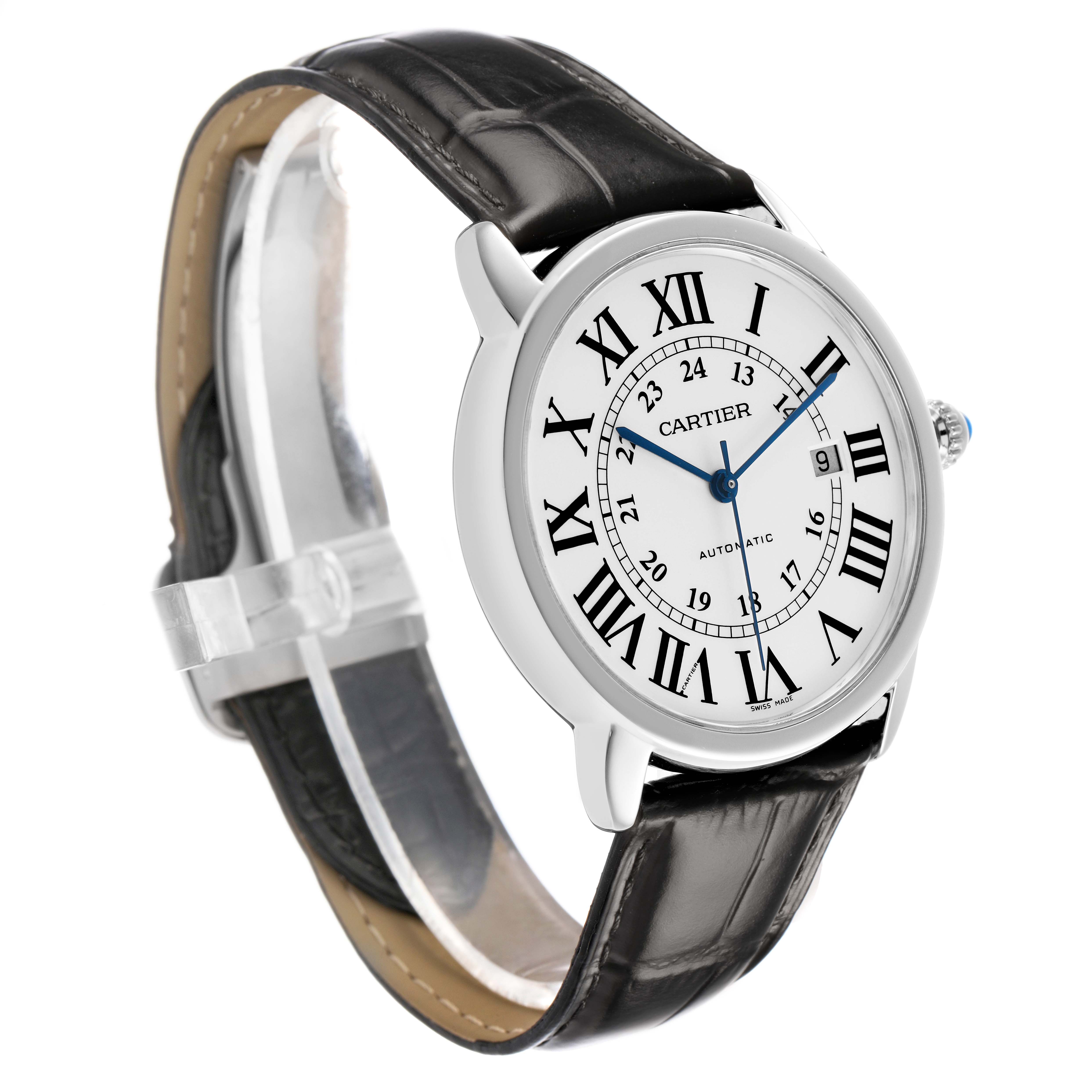 The Ronde model by Cartier is shown at a three-quarter angle, displaying the face, blue hands, Roman numerals, and leather strap.