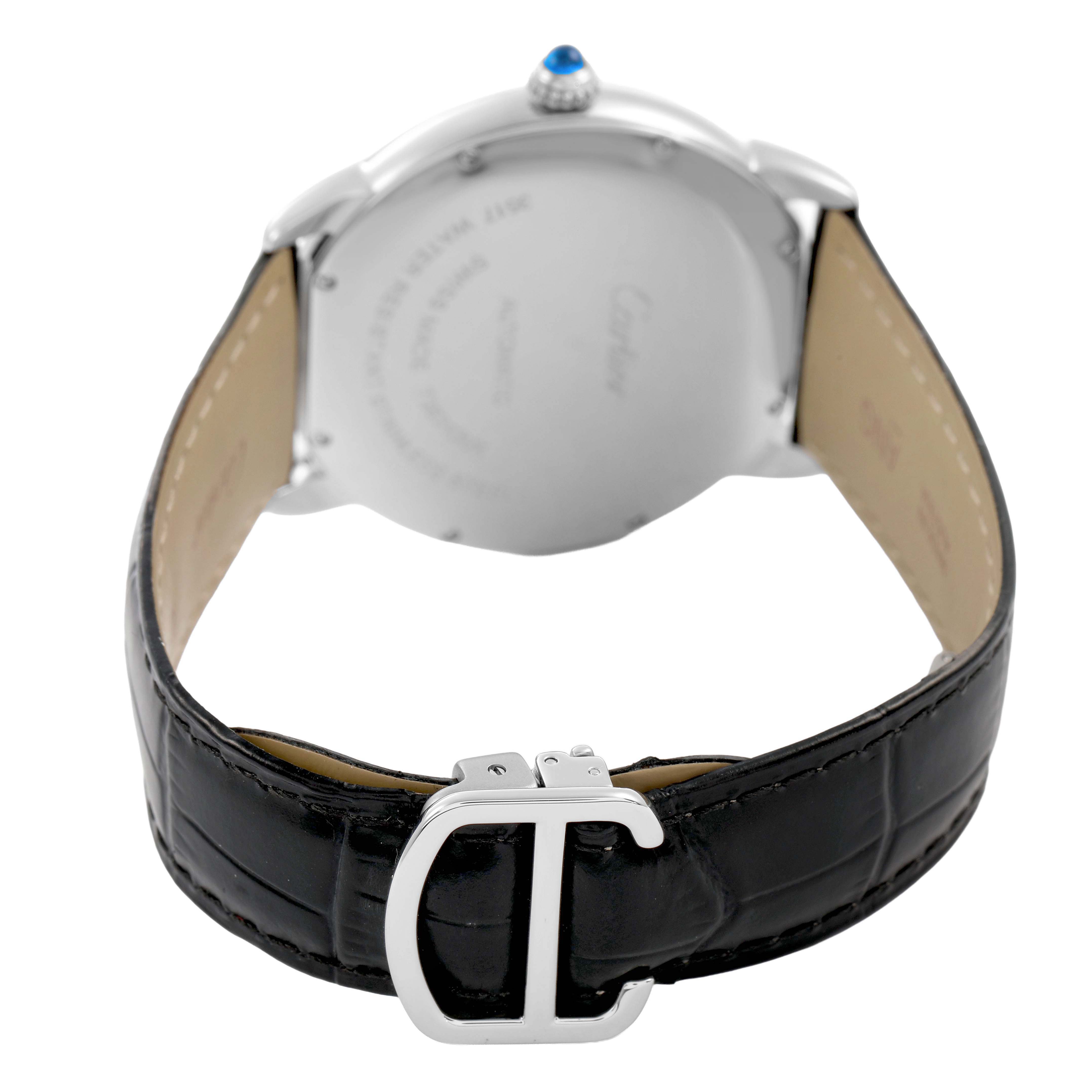 The Cartier Ronde W6701010 Men's Stainless Steel Silver Dial watch is shown from the back, highlighting the buckle and crown with a blue gemstone.