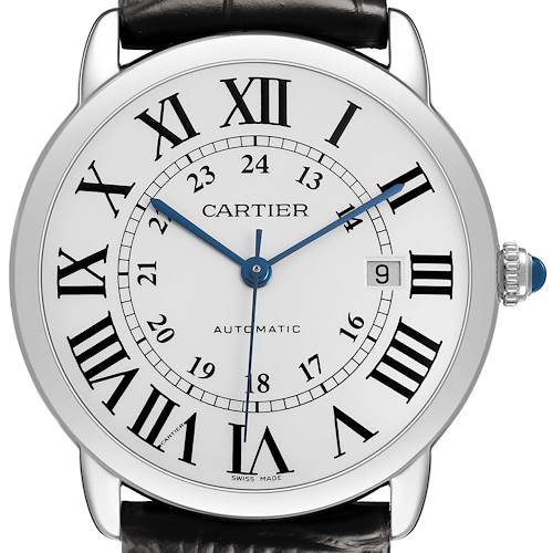 The Cartier Ronde W6701010 Men's Stainless Steel Silver Dial watch is shown from a top view, displaying its Roman numeral dial, blue hands, crown, and date window.