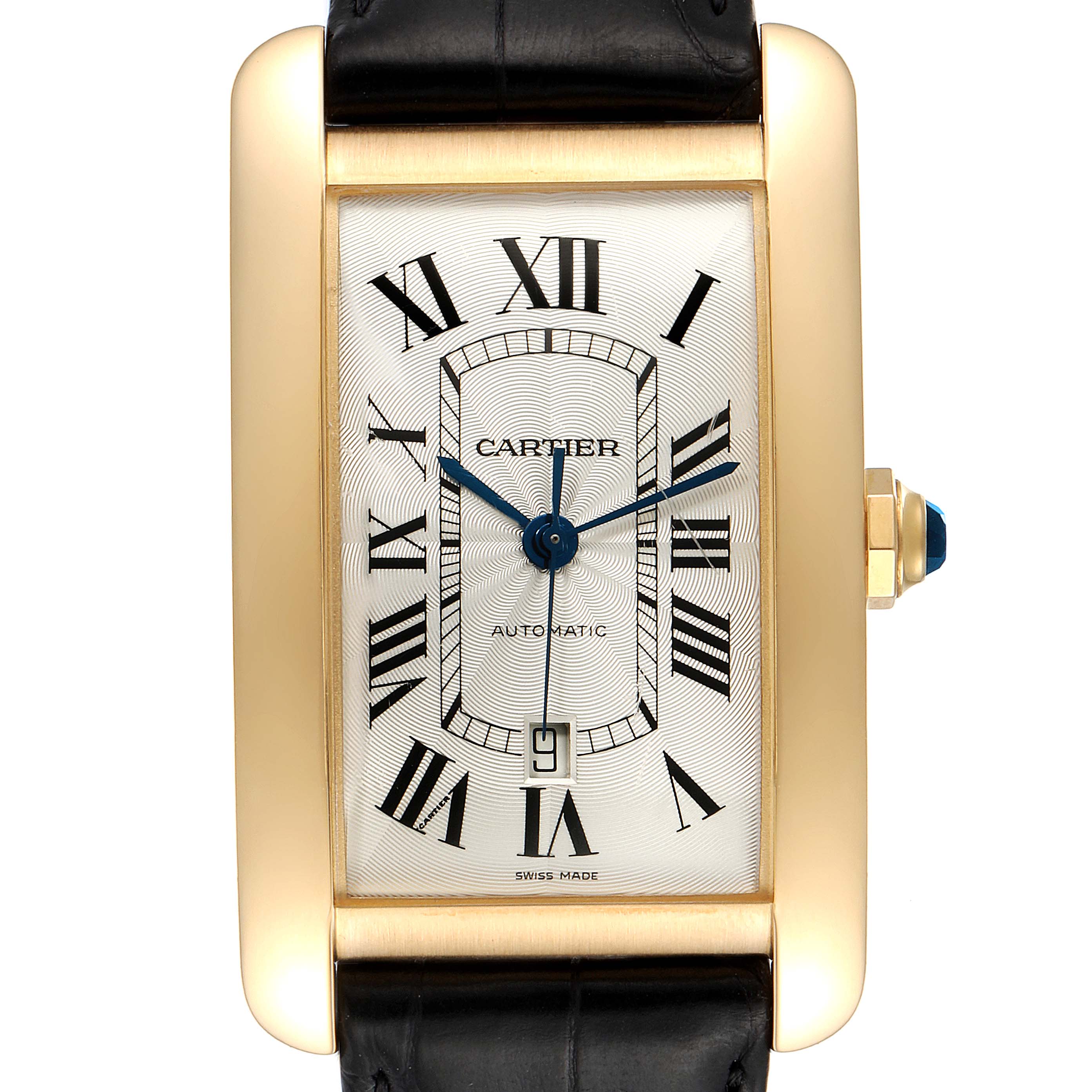 This image shows a Tank Americaine model by Cartier from a front angle, highlighting the dial, case, and strap.