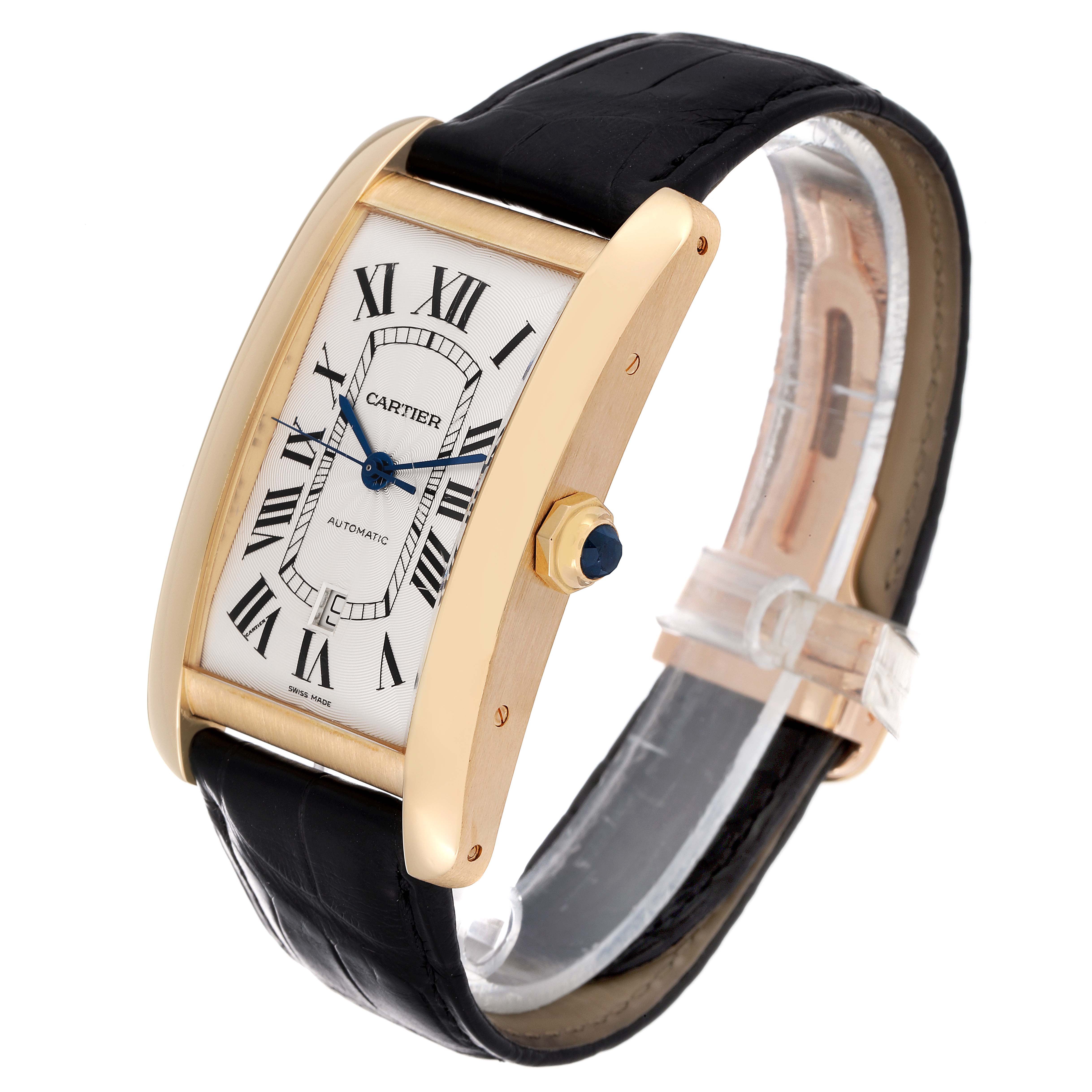The Cartier Tank Americaine W2609756 Men's Yellow Gold Silver Dial W2609756 Men's Yellow Gold Silver Dial watch is shown at a 3/4 angle, displaying its face, crown, and black leather strap.