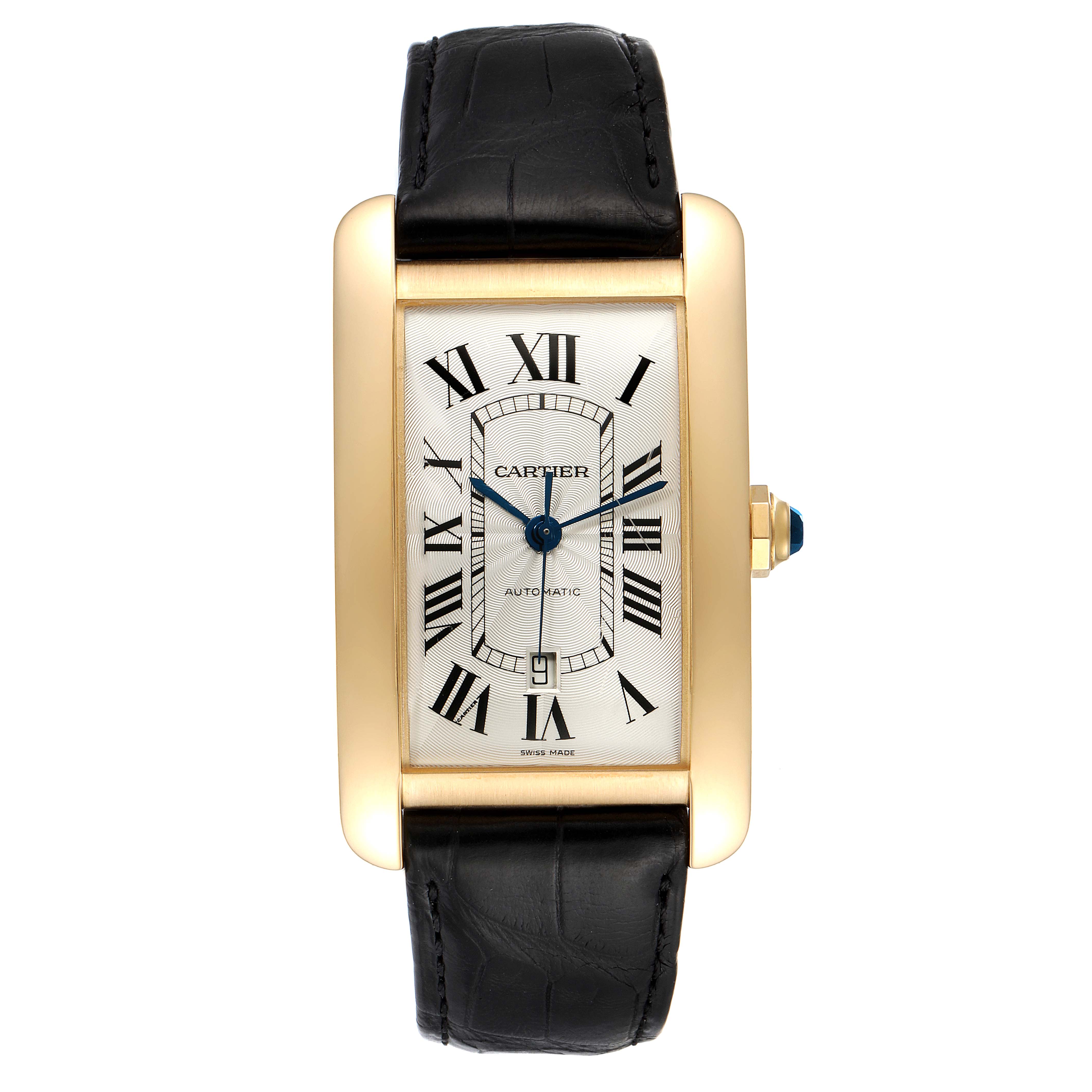 The image shows a Cartier Tank Americaine W2609756 Men's Yellow Gold Silver Dial W2609756 Men's Yellow Gold Silver Dial watch from a front angle, displaying its rectangular face and black leather strap.