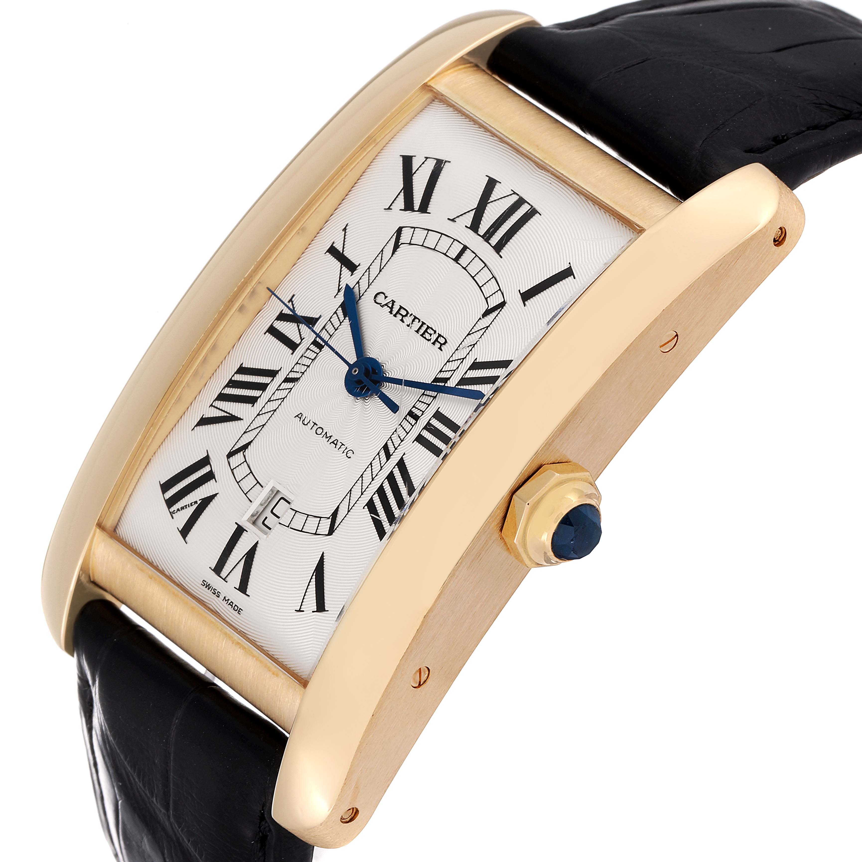 The image shows a Cartier Tank Americaine W2609756 Men's Yellow Gold Silver Dial W2609756 Men's Yellow Gold Silver Dial model watch at an angled side view, highlighting the face, strap, and crown.