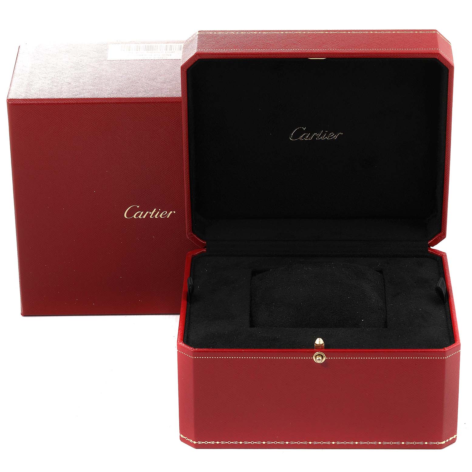 The image shows a red Cartier box and case for the Tank Américaine model watch, with the lid open displaying the interior.
