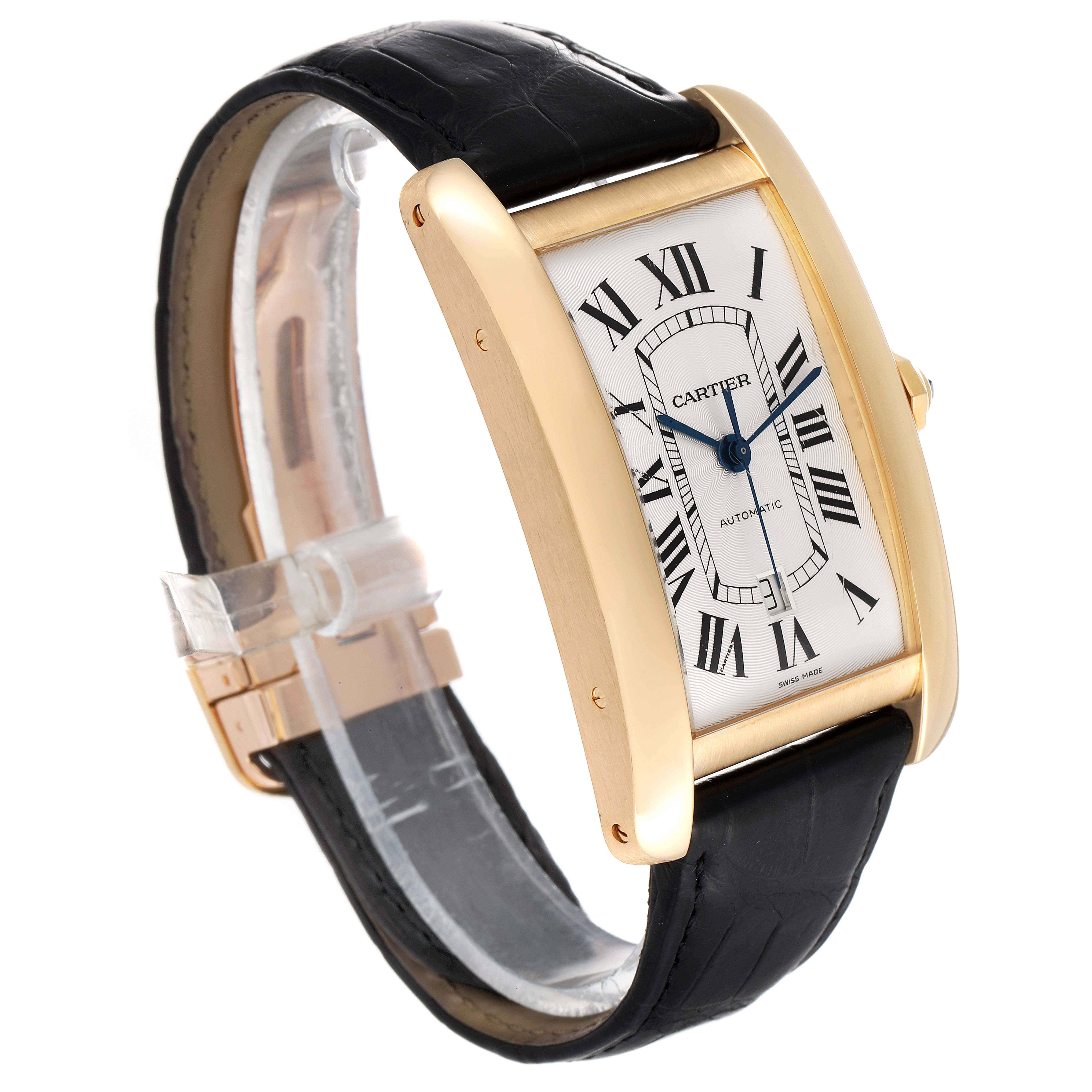 This image shows a side-angle view of the Cartier Tank Américaine watch, highlighting the face, strap, and casing.