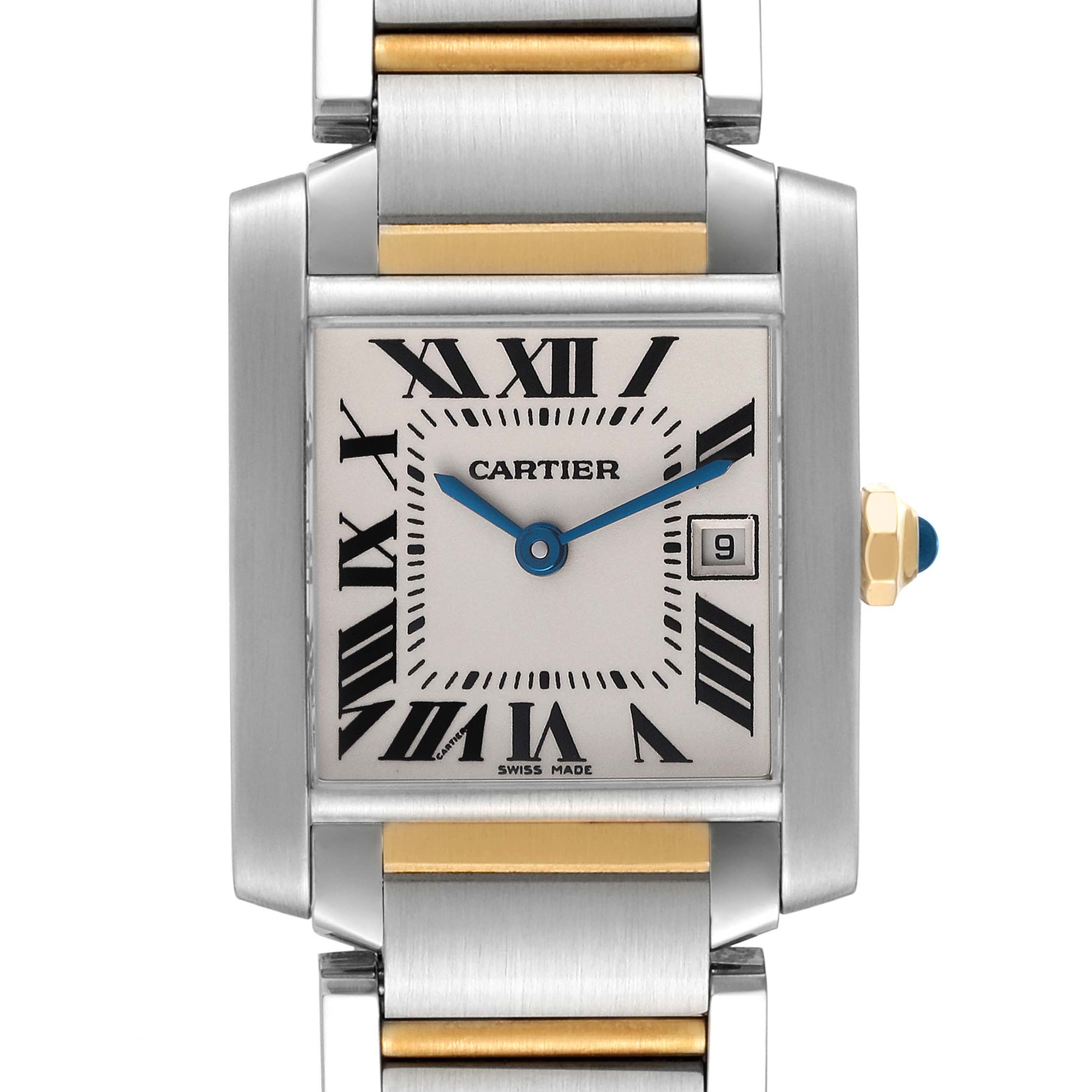The image shows a frontal view of the Cartier Tank Francaise W51012Q4 Women
s Stainless Steel Silver Dial W51012Q4 Women
s Stainless Steel Silver Dial watch, highlighting its face, case, and part of the bracelet.