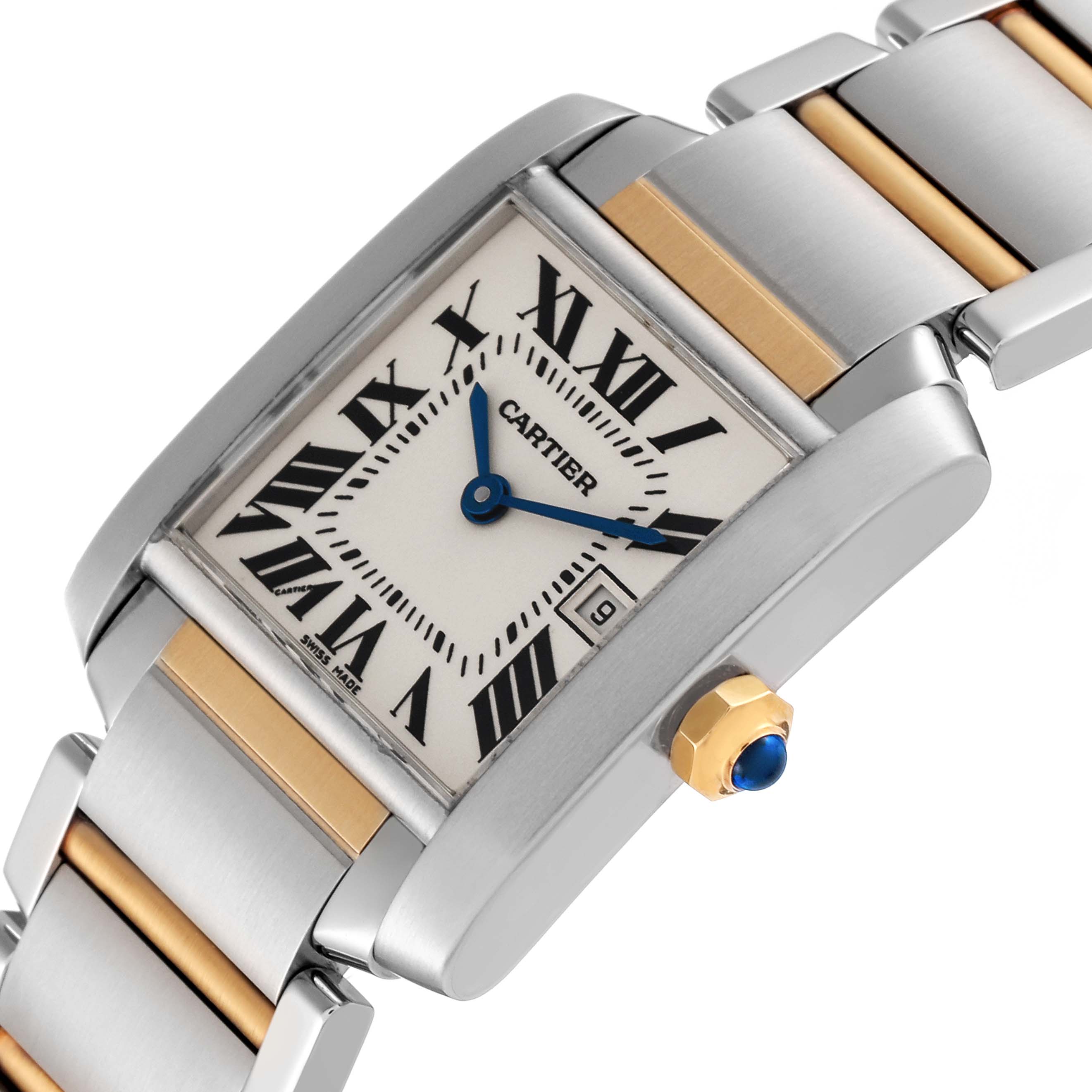 The Cartier Tank Francaise W51012Q4 Women
s Stainless Steel Silver Dial W51012Q4 Women
s Stainless Steel Silver Dial watch is shown at an angled view, highlighting the rectangular face, crown, and part of the bracelet.