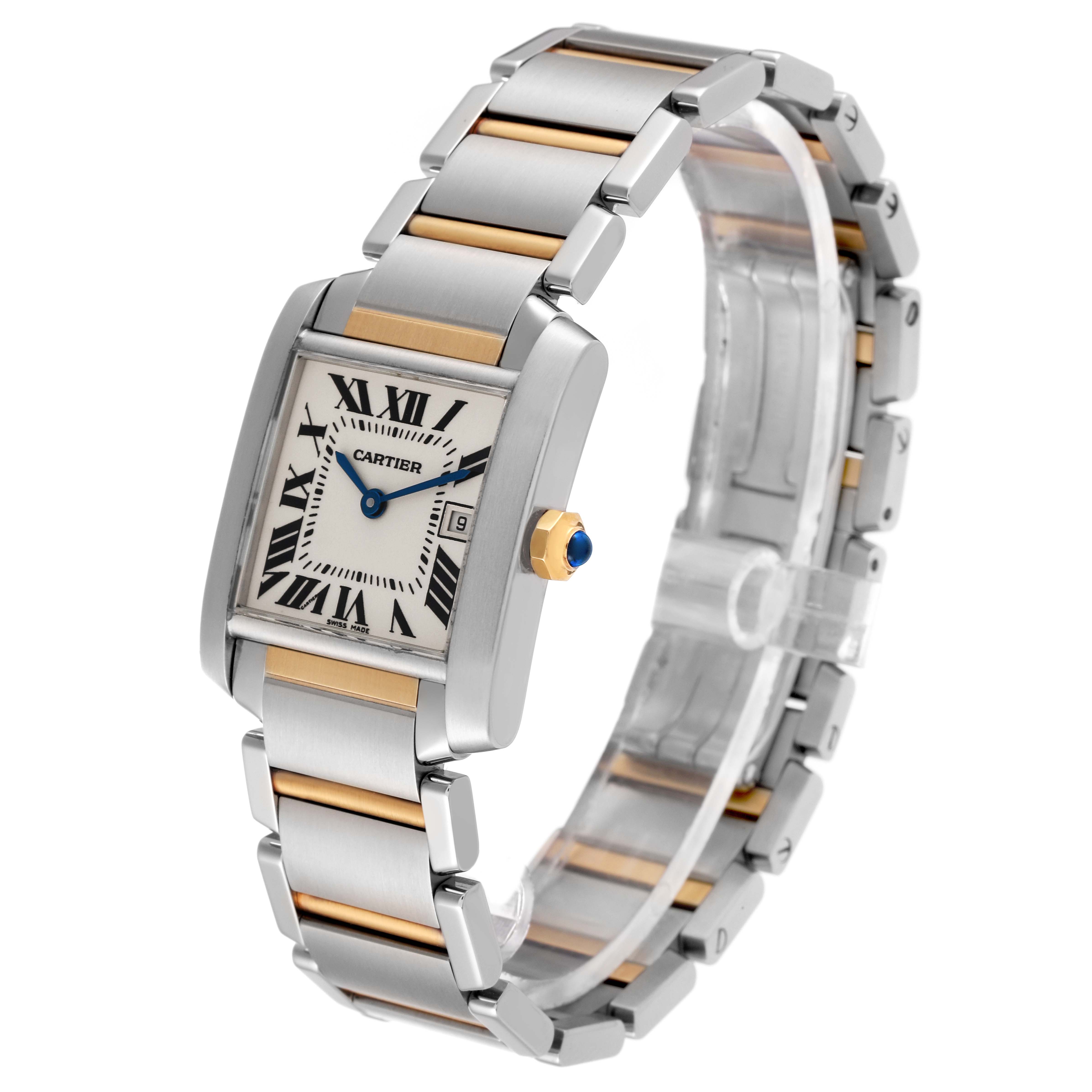 The Cartier Tank Française watch is shown at a slight angle displaying its face, band, and crown.