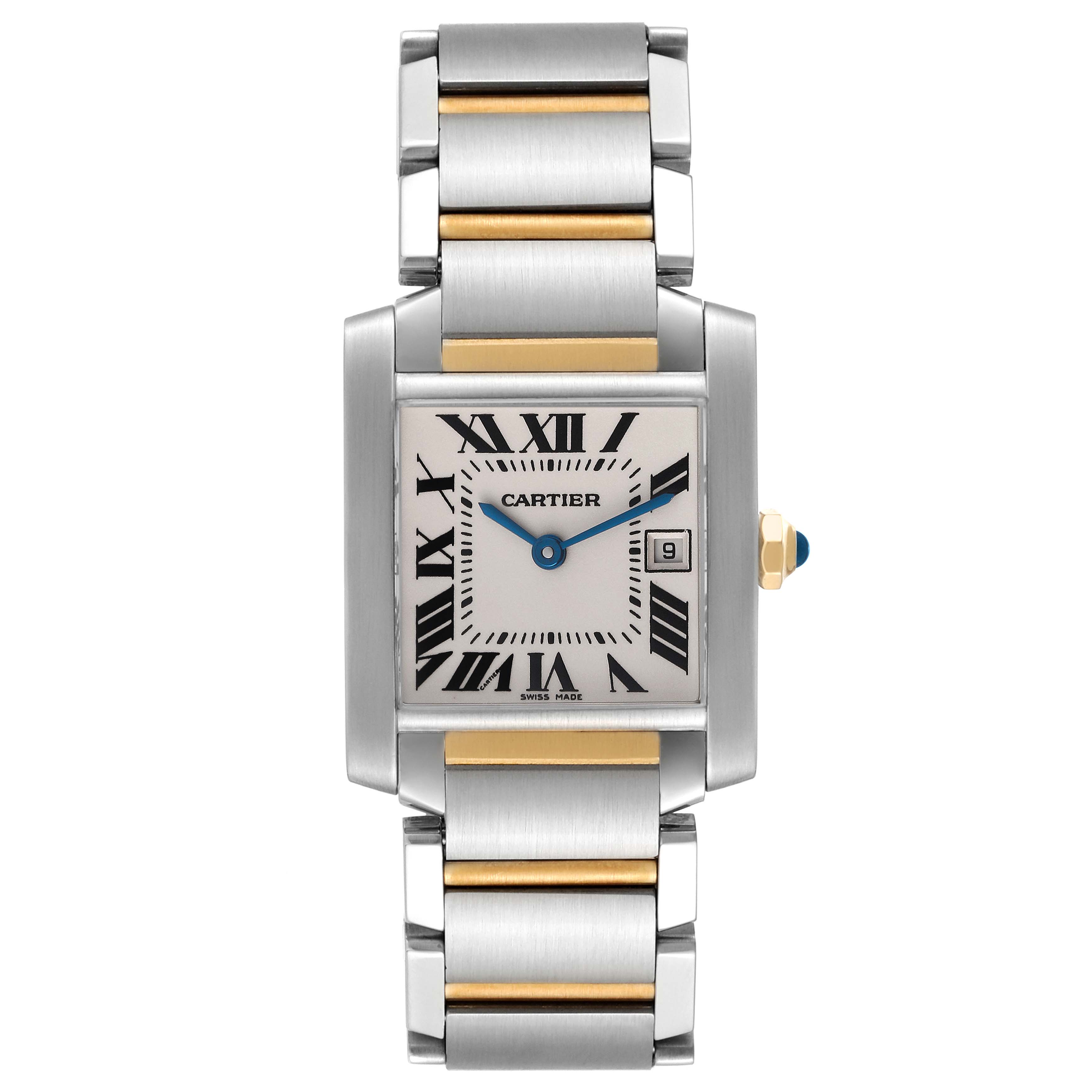 The Cartier Tank Francaise W51012Q4 Women
s Stainless Steel Silver Dial W51012Q4 Women
s Stainless Steel Silver Dial watch is shown from a top-down angle, highlighting the face, bracelet, and crown.