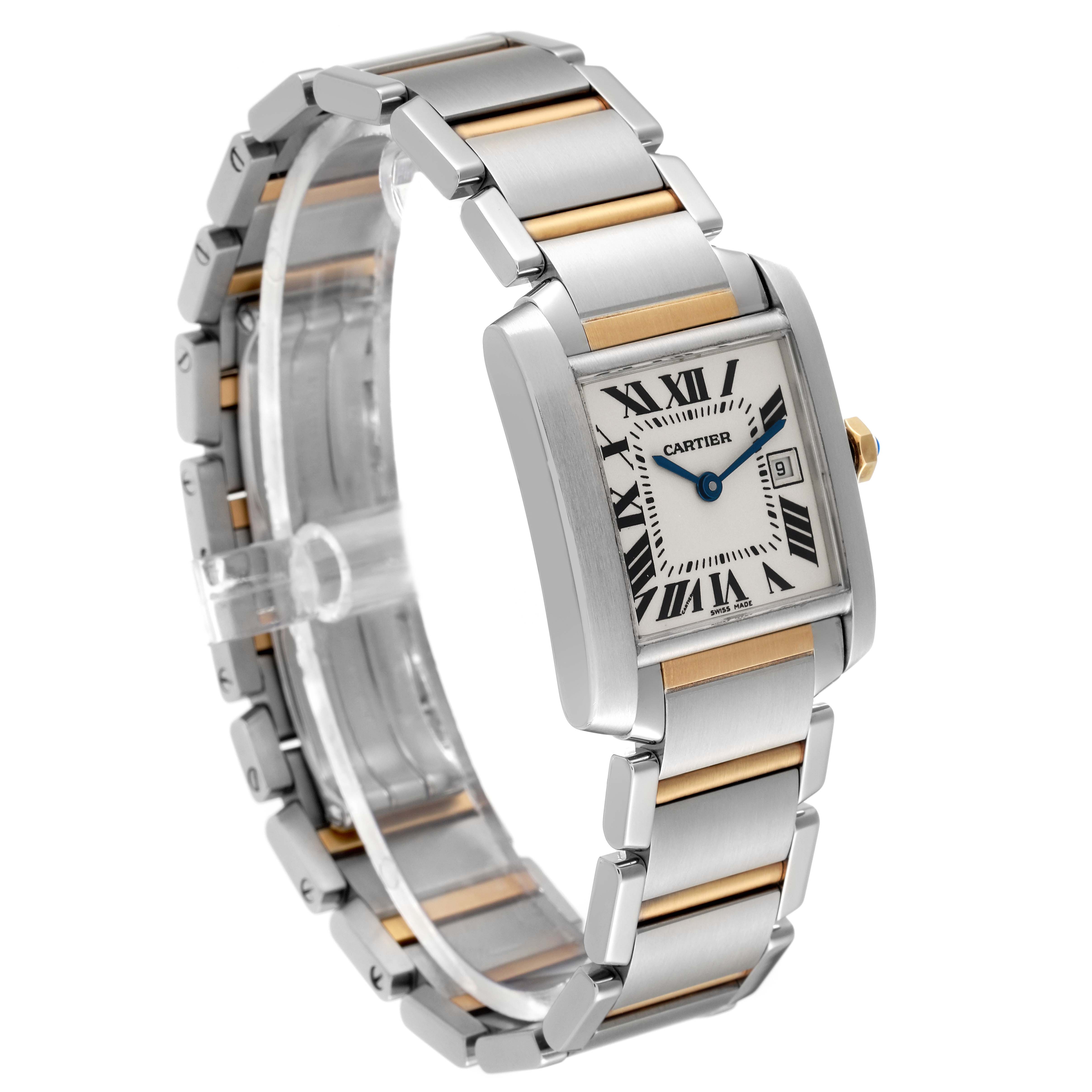 The Cartier Tank Francaise W51012Q4 Women
s Stainless Steel Silver Dial W51012Q4 Women
s Stainless Steel Silver Dial watch is shown from a front angle, highlighting the face, bracelet, and Roman numeral dial.