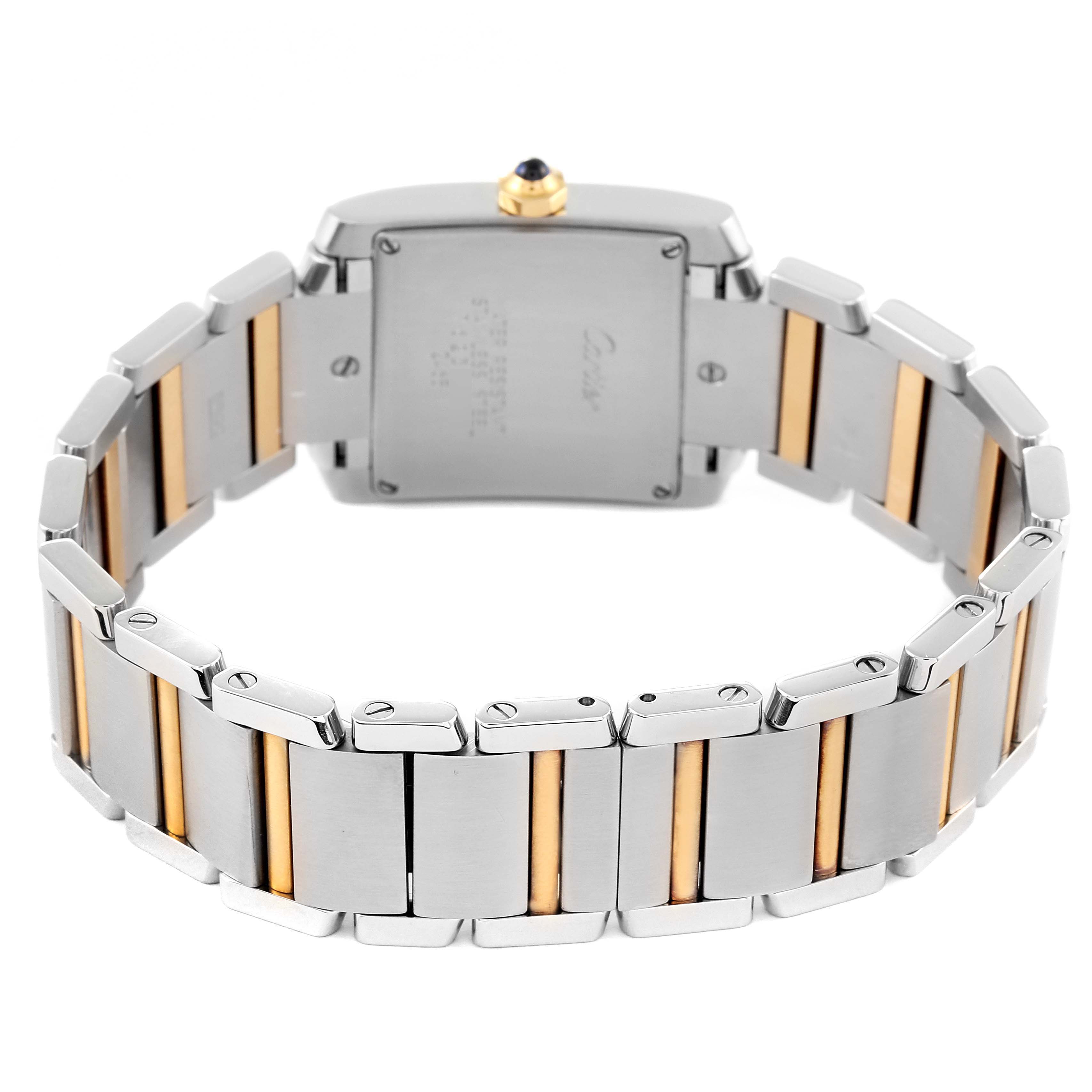 The image shows the back and bracelet of a Cartier Tank Française watch, focusing on the clasp and the two-tone metal links.