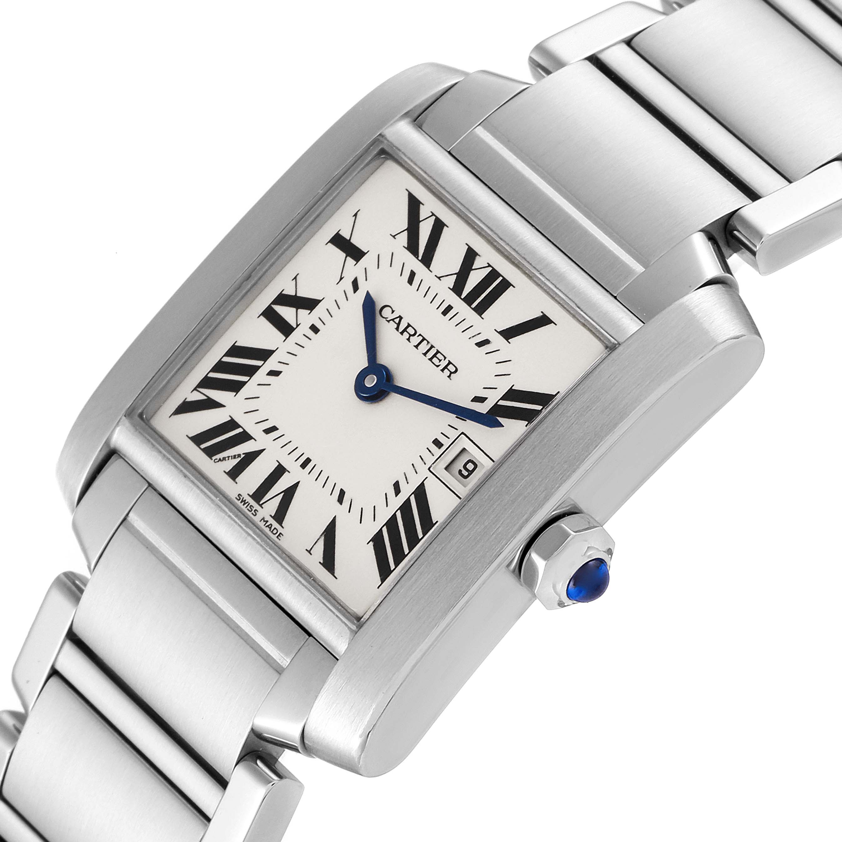 The image shows a close-up angle of the face and part of the bracelet of a Cartier Tank Française watch.