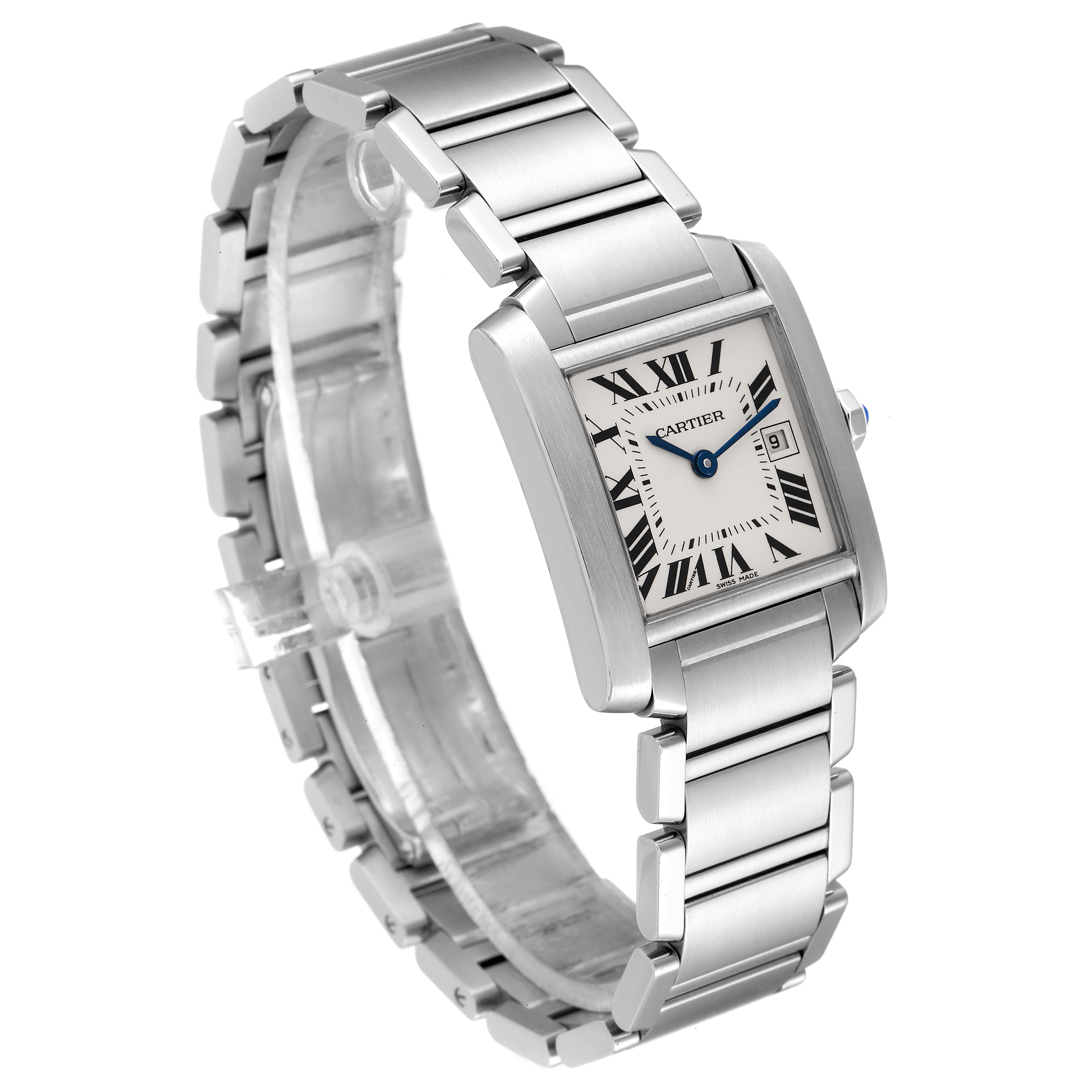The image shows a Cartier Tank Française watch at a slight angle, focusing on the face, bracelet, and part of the clasp.