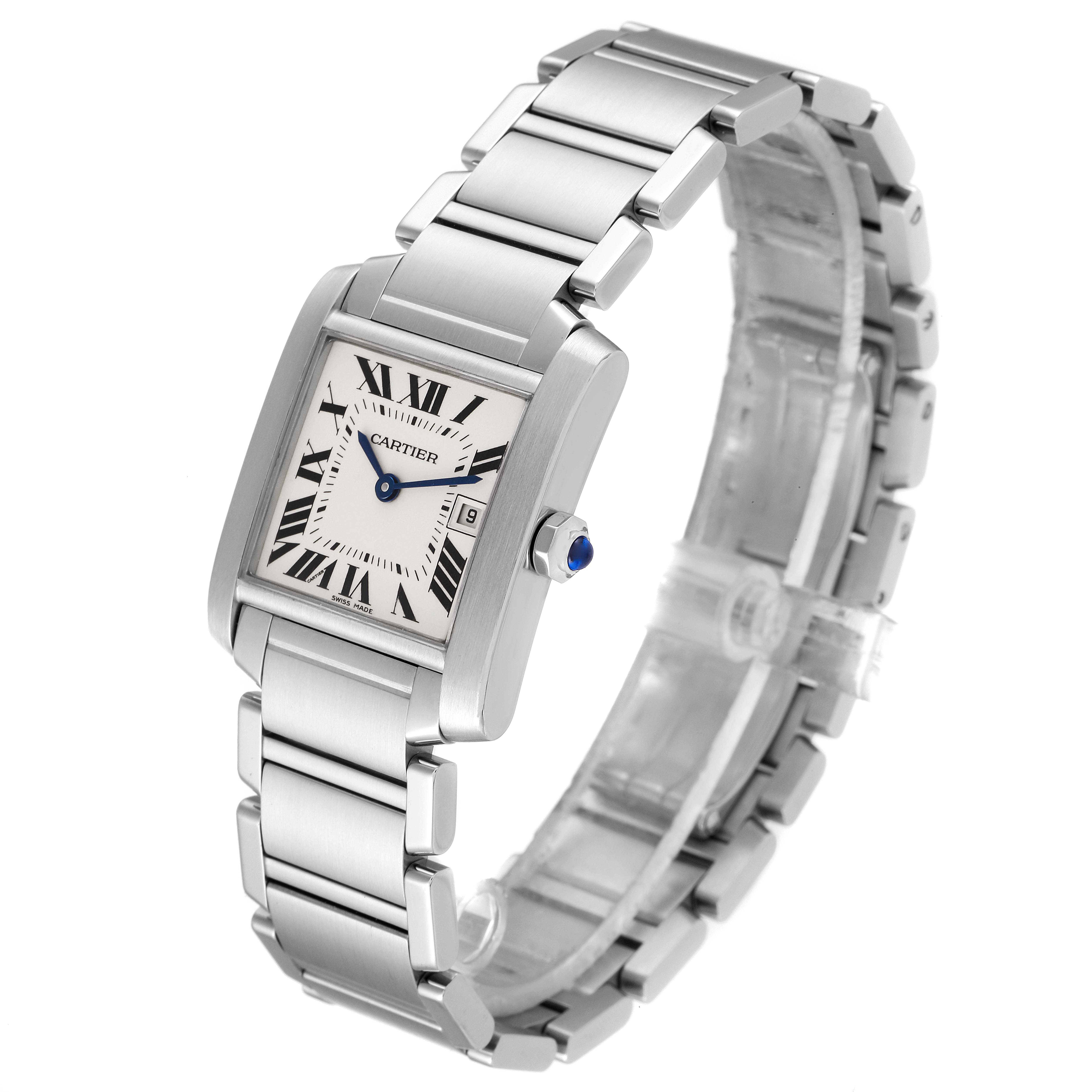 The Cartier Tank Francaise W51011Q3 Women
s Stainless Steel Silver Dial W51011Q3 Women
s Stainless Steel Silver Dial watch is shown at a slight angle, highlighting its face, bracelet, and crown.