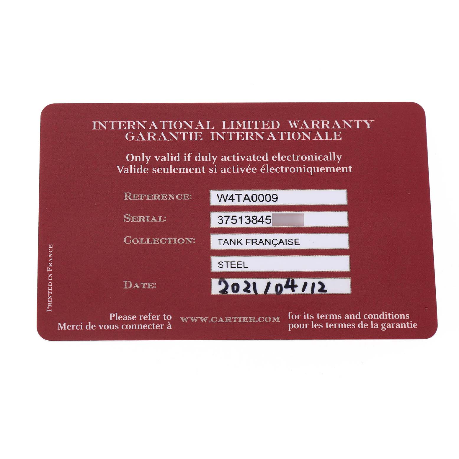 The image shows a Cartier Tank Française warranty card with details like reference, serial number, and date.