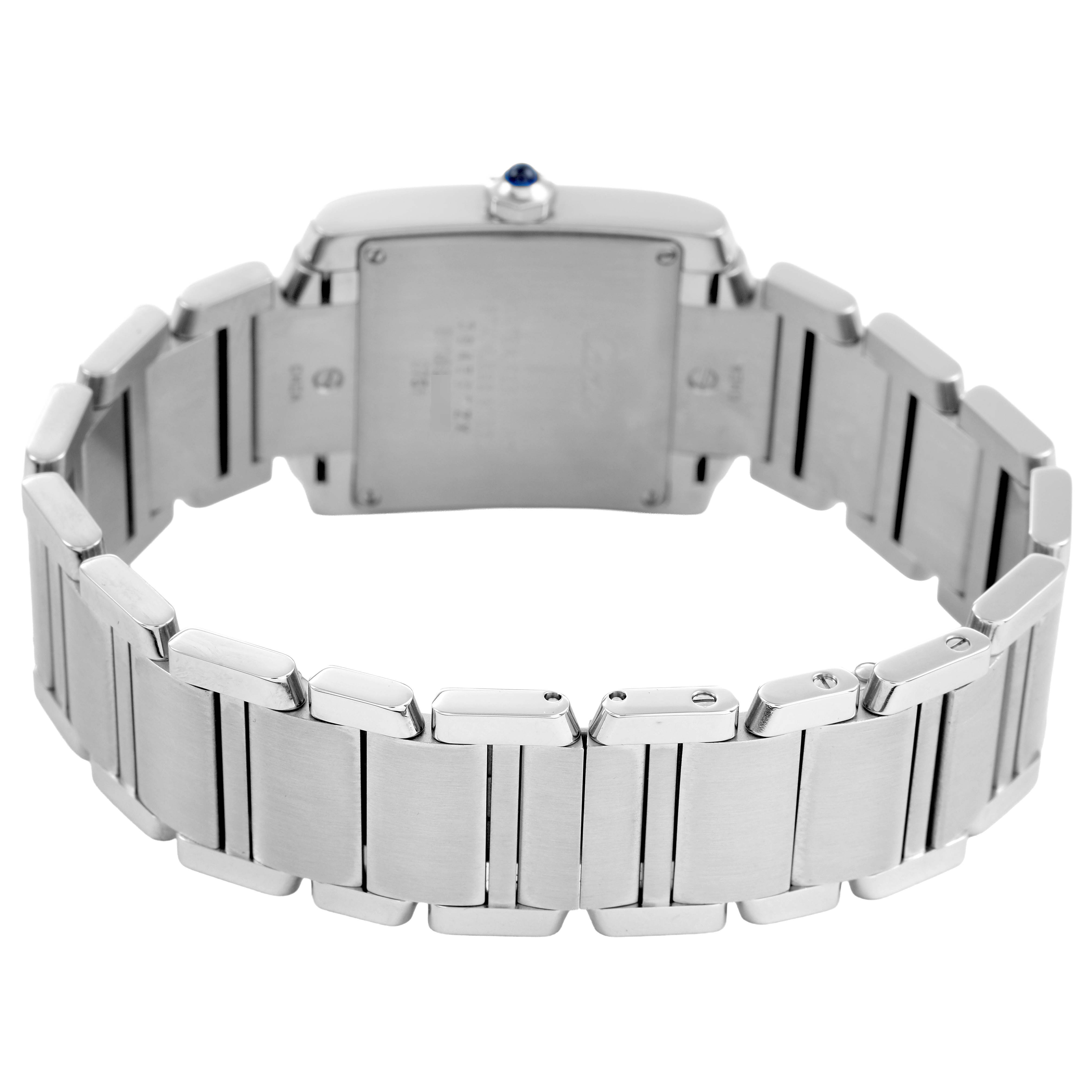 The Cartier Tank Française watch is shown from the back, highlighting its metal bracelet and case back.