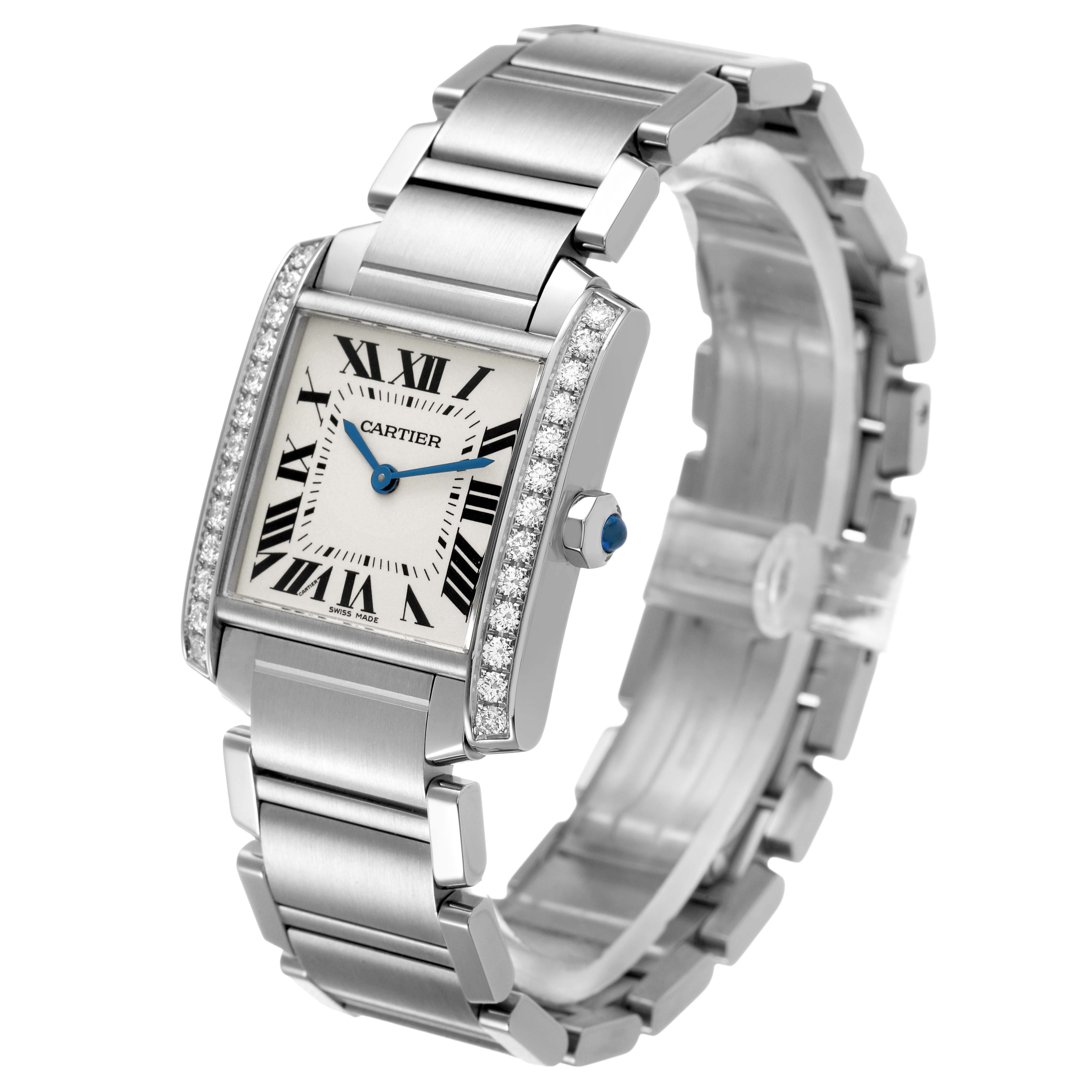 The Cartier Tank Française watch is shown at an angled view, displaying its bracelet and rectangular face with Roman numerals.